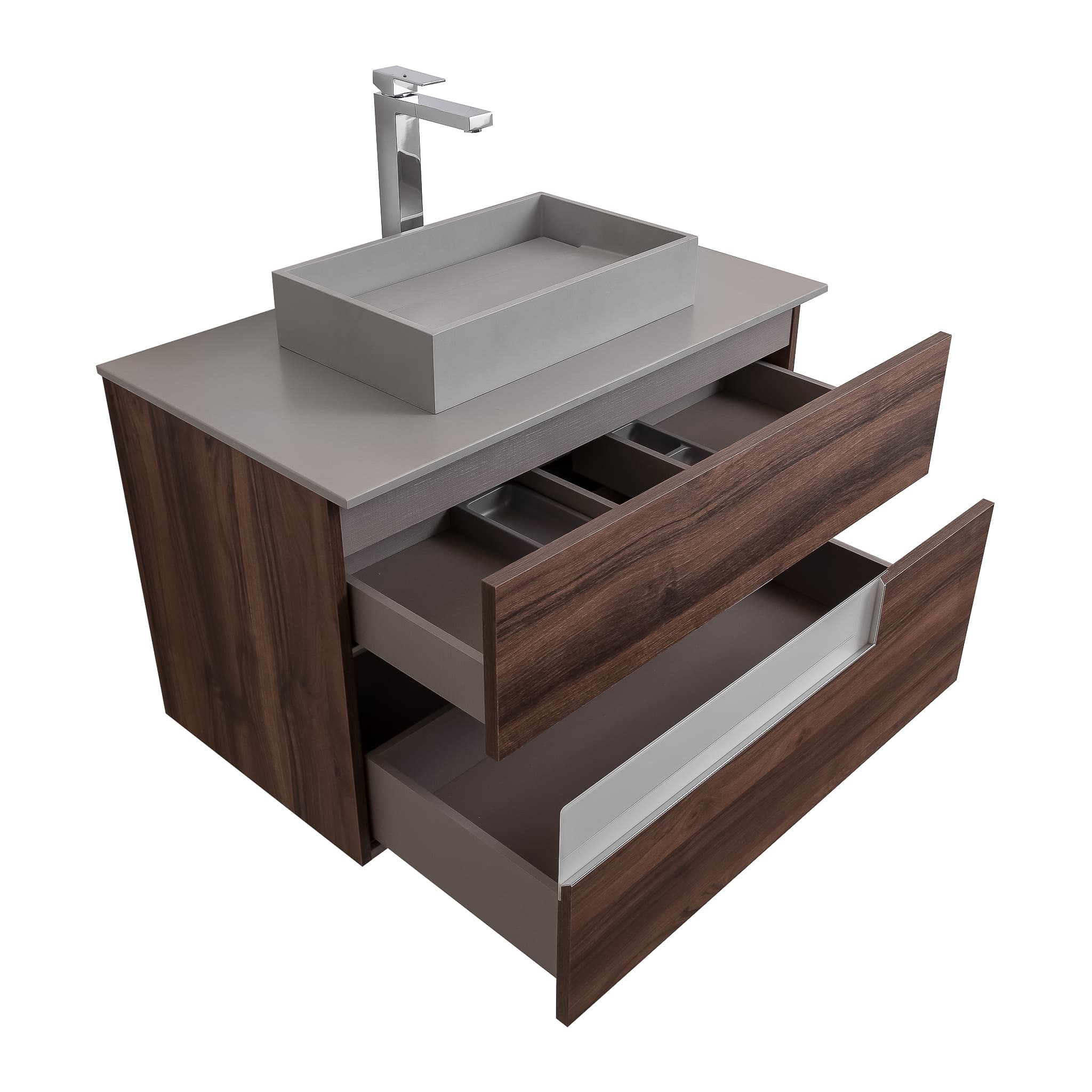 Vision 35.5 Valenti Medium Brown Wood Cabinet, Solid Surface Flat Grey Counter And Infinity Square Solid Surface Grey Basin 1329, Wall Mounted Modern Vanity Set