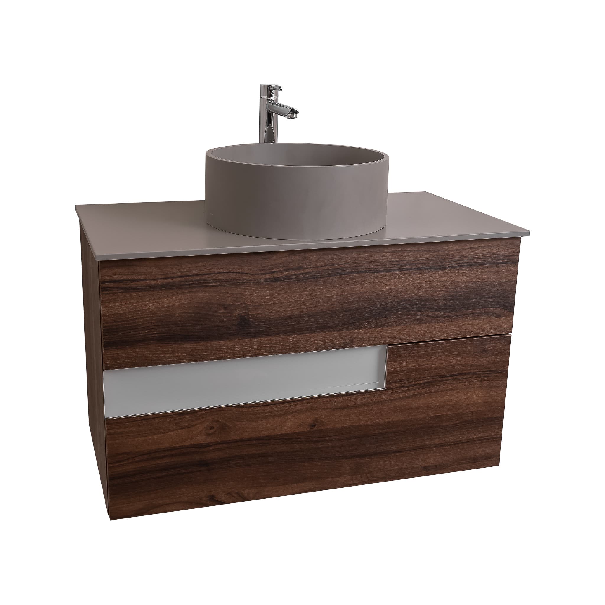 Vision 35.5 Valenti Medium Brown Wood Cabinet, Solid Surface Flat Grey Counter And Round Solid Surface Grey Basin 1386, Wall Mounted Modern Vanity Set