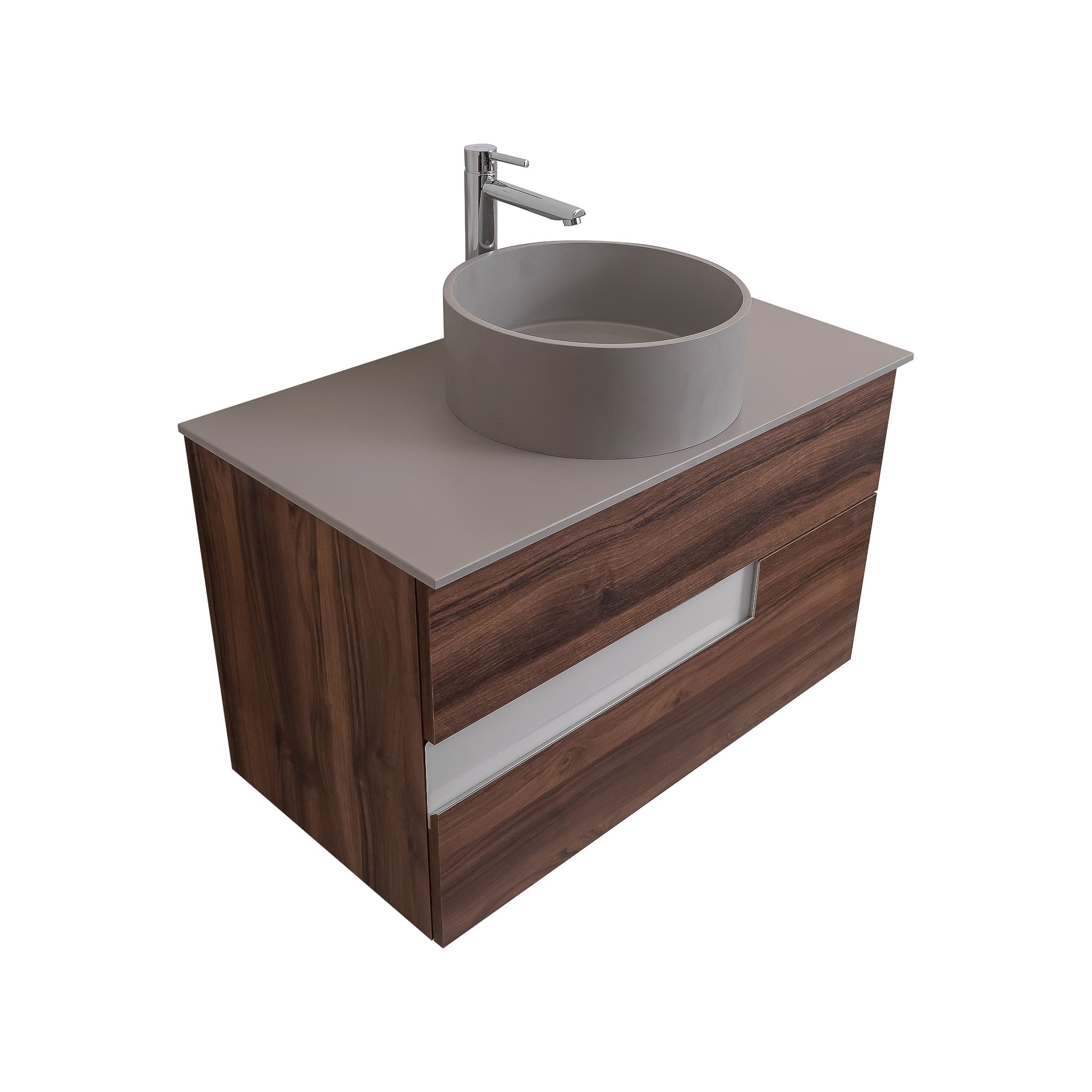 Vision 35.5 Valenti Medium Brown Wood Cabinet, Solid Surface Flat Grey Counter And Round Solid Surface Grey Basin 1386, Wall Mounted Modern Vanity Set