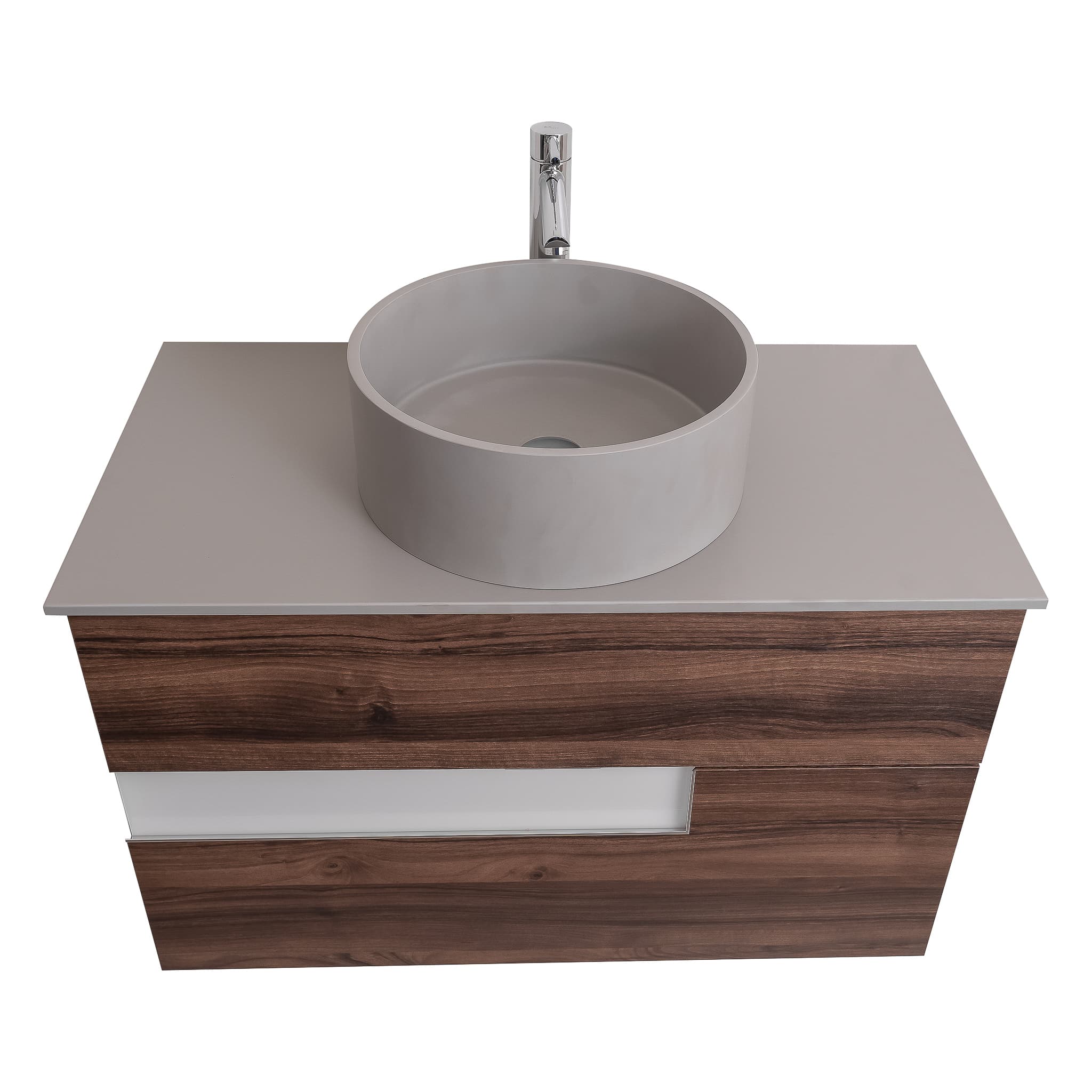 Vision 35.5 Valenti Medium Brown Wood Cabinet, Solid Surface Flat Grey Counter And Round Solid Surface Grey Basin 1386, Wall Mounted Modern Vanity Set