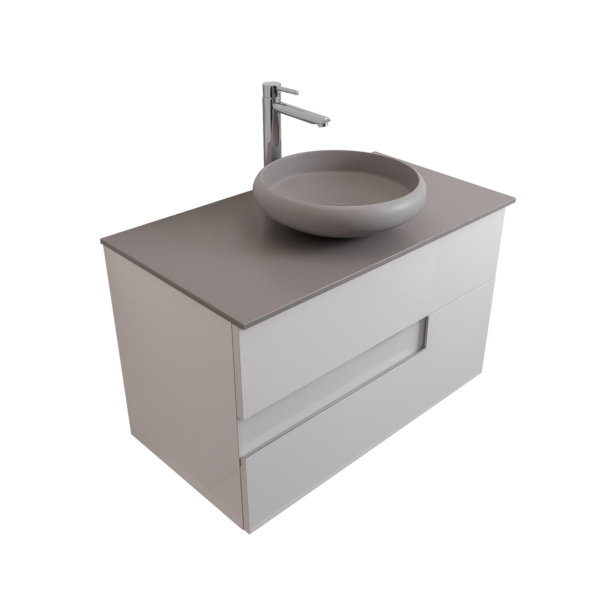 Vision 35.5 White High Gloss Cabinet, Solid Surface Flat Grey Counter And Round Solid Surface Grey Basin 1153, Wall Mounted Modern Vanity Set