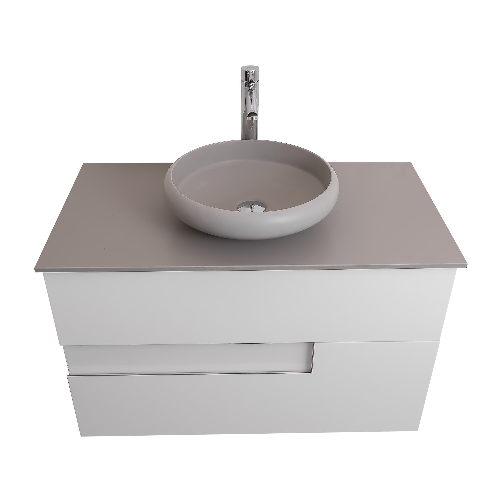 Vision 35.5 White High Gloss Cabinet, Solid Surface Flat Grey Counter And Round Solid Surface Grey Basin 1153, Wall Mounted Modern Vanity Set