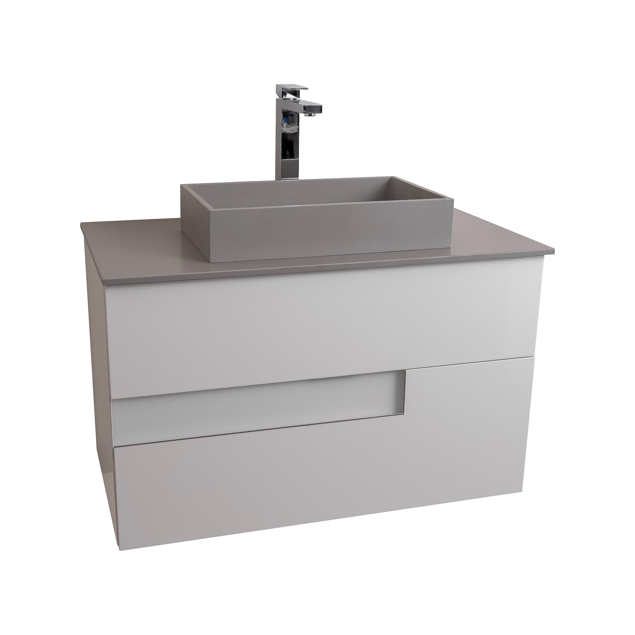 Vision 35.5 White High Gloss Cabinet, Solid Surface Flat Grey Counter And Infinity Square Solid Surface Grey Basin 1329, Wall Mounted Modern Vanity Set