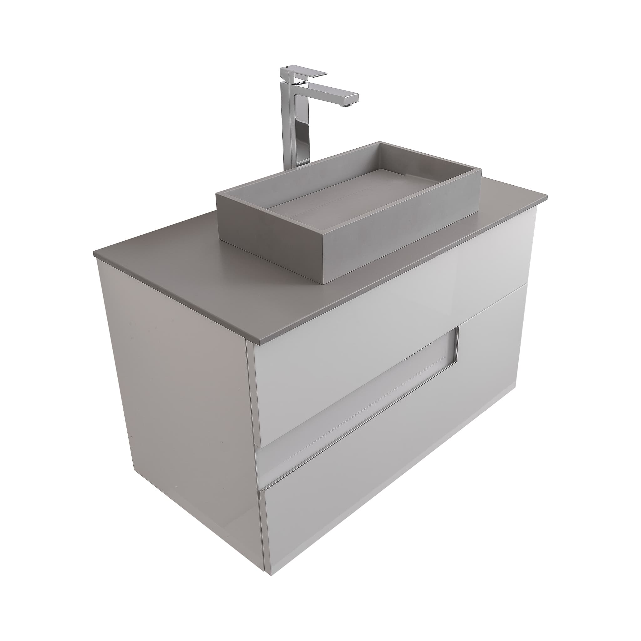 Vision 35.5 White High Gloss Cabinet, Solid Surface Flat Grey Counter And Infinity Square Solid Surface Grey Basin 1329, Wall Mounted Modern Vanity Set