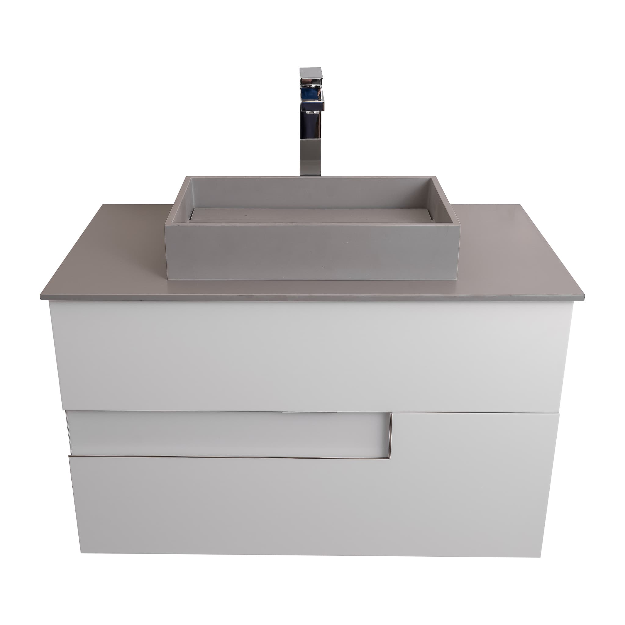 Vision 35.5 White High Gloss Cabinet, Solid Surface Flat Grey Counter And Infinity Square Solid Surface Grey Basin 1329, Wall Mounted Modern Vanity Set