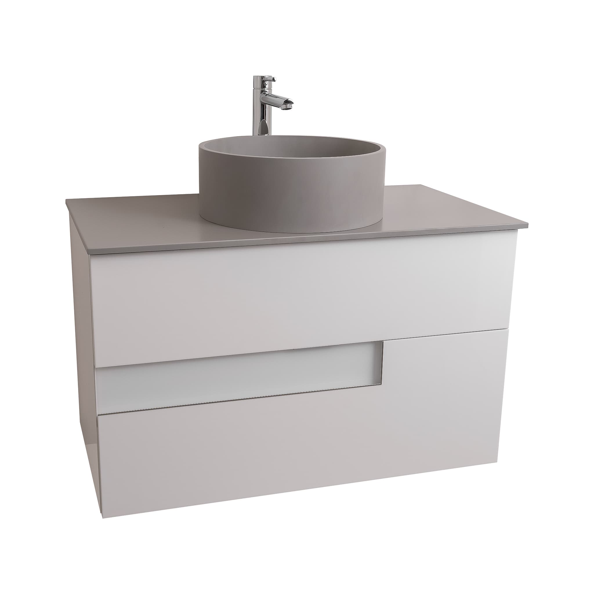 Vision 35.5 White High Gloss Cabinet, Solid Surface Flat Grey Counter And Round Solid Surface Grey Basin 1386, Wall Mounted Modern Vanity Set