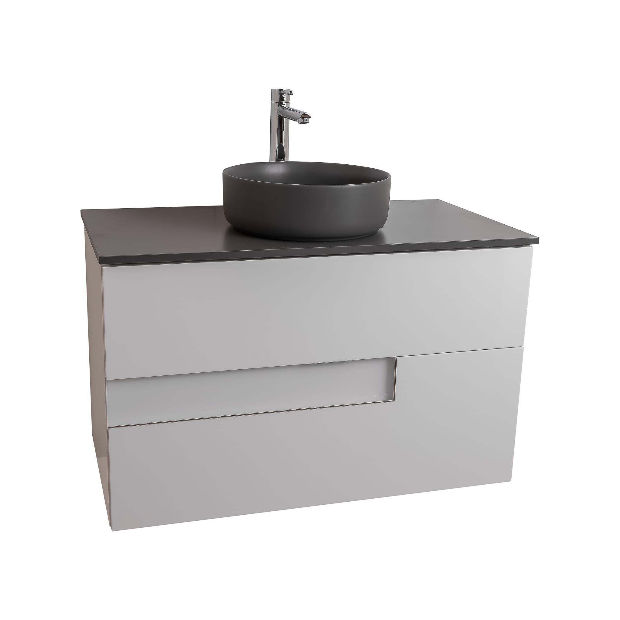 Vision 35.5 White High Gloss Cabinet, Ares Grey Ceniza Top And Ares Grey Ceniza Ceramic Basin, Wall Mounted Modern Vanity Set