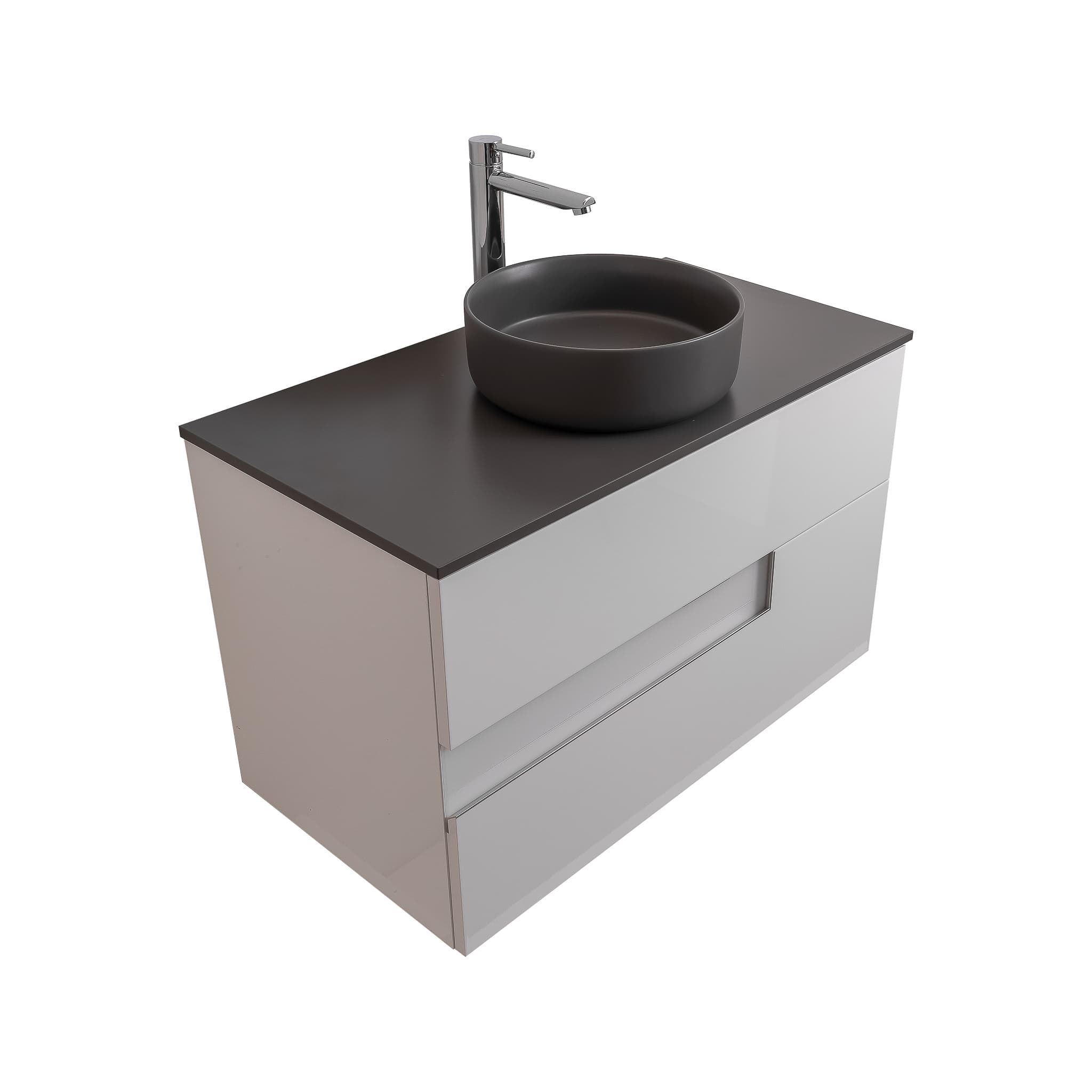 Vision 35.5 White High Gloss Cabinet, Ares Grey Ceniza Top And Ares Grey Ceniza Ceramic Basin, Wall Mounted Modern Vanity Set