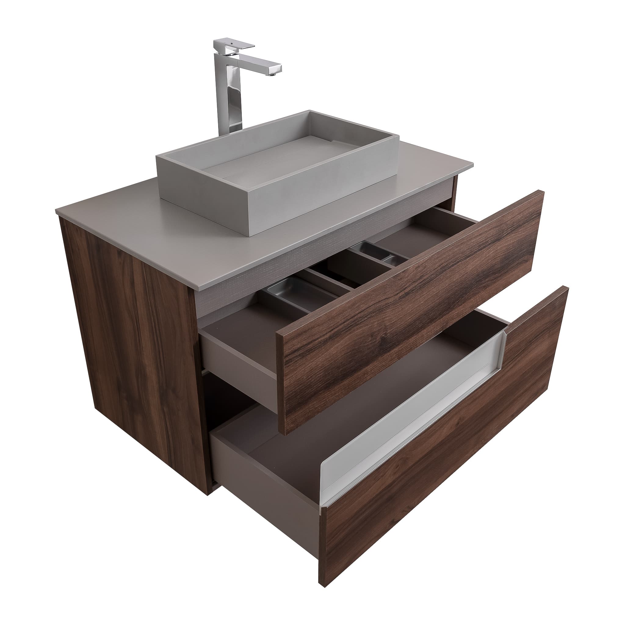 Vision 39.5 Valenti Medium Brown Wood Cabinet, Solid Surface Flat Grey Counter And Infinity Square Solid Surface Grey Basin 1329, Wall Mounted Modern Vanity Set