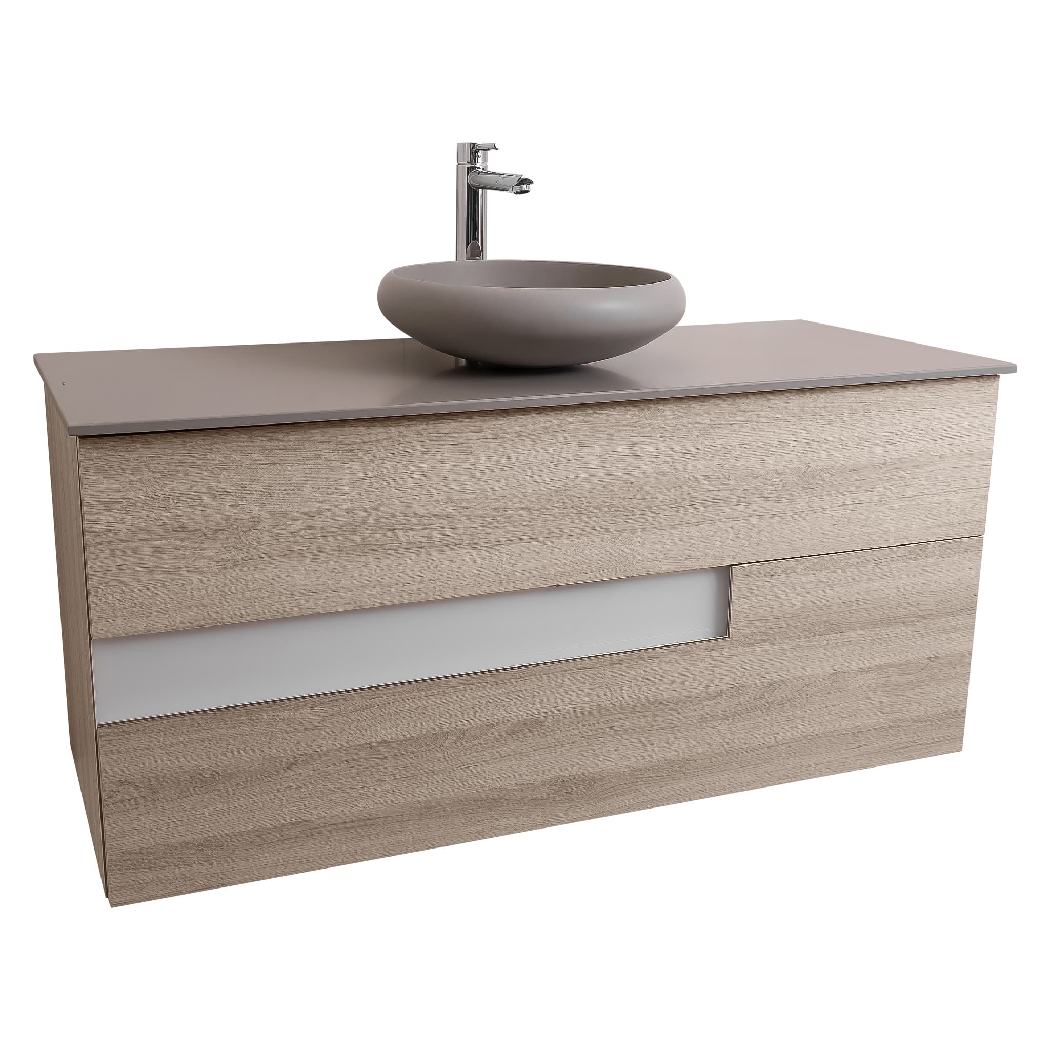 Vision 47.5 Natural Light Wood Cabinet, Solid Surface Flat Grey Counter And Round Solid Surface Grey Basin 1153, Wall Mounted Modern Vanity Set