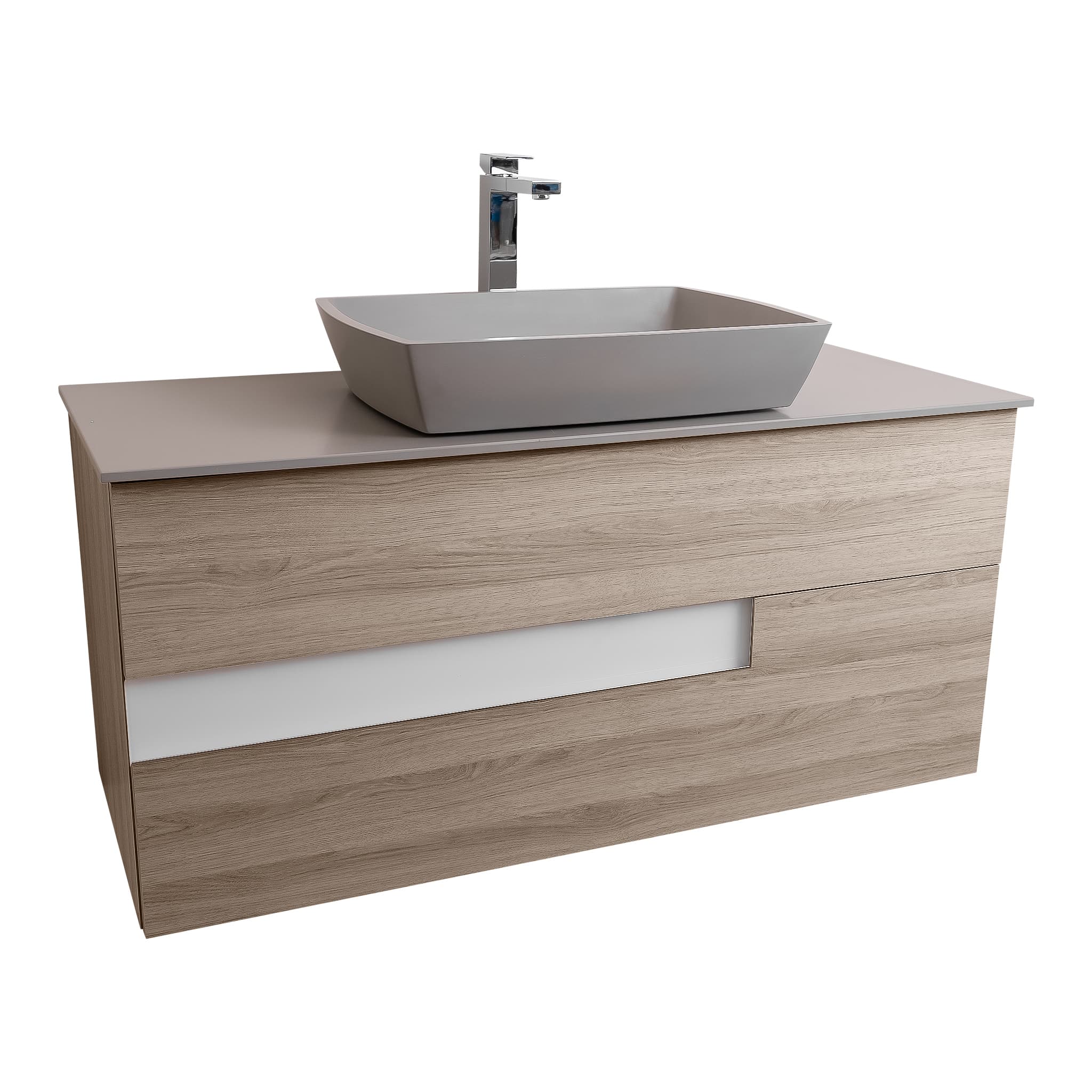 Vision 47.5 Natural Light Wood Cabinet, Solid Surface Flat Grey Counter And Square Solid Surface Grey Basin 1316, Wall Mounted Modern Vanity Set