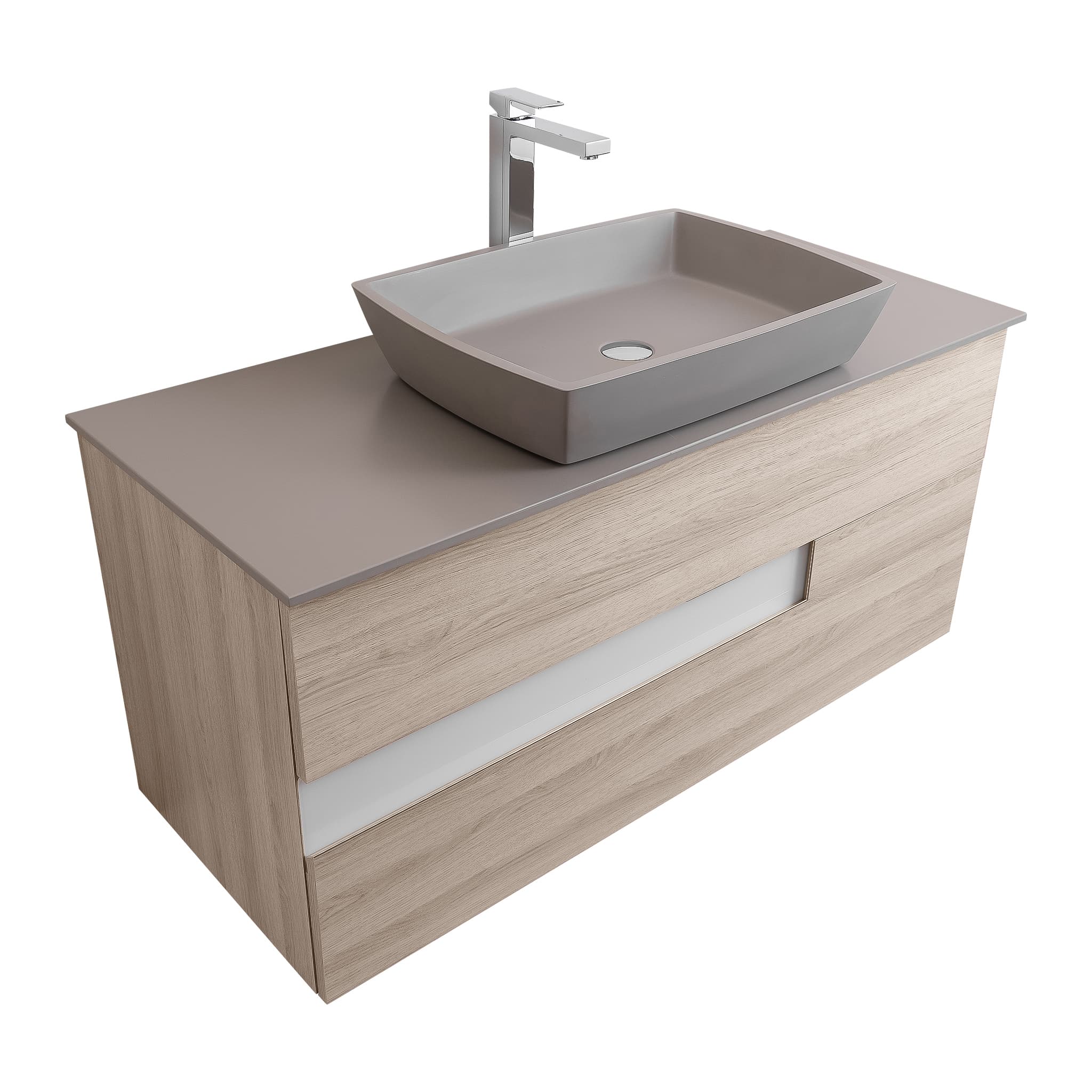 Vision 47.5 Natural Light Wood Cabinet, Solid Surface Flat Grey Counter And Square Solid Surface Grey Basin 1316, Wall Mounted Modern Vanity Set Bath Trends USA