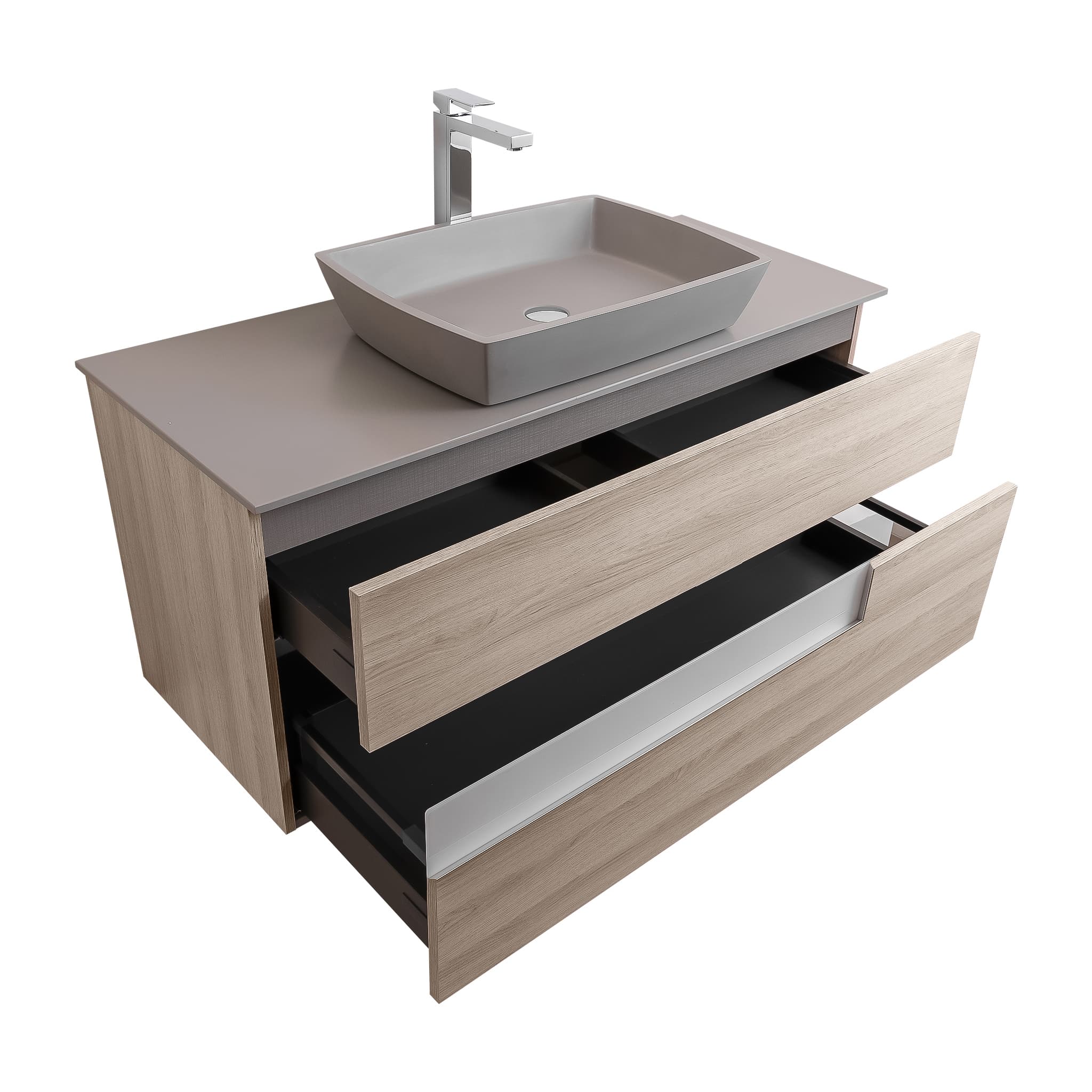 Vision 47.5 Natural Light Wood Cabinet, Solid Surface Flat Grey Counter And Square Solid Surface Grey Basin 1316, Wall Mounted Modern Vanity Set