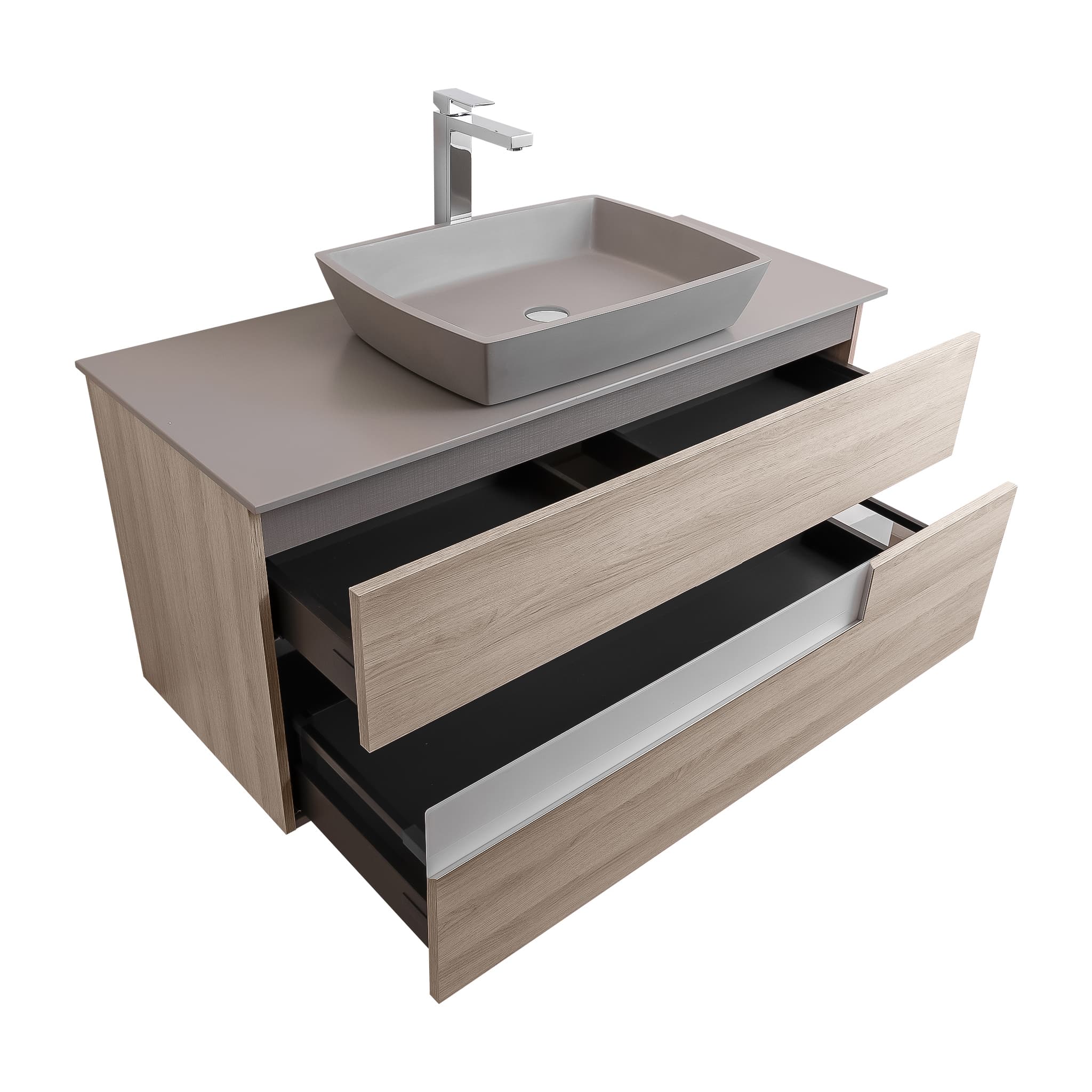 Vision 47.5 Natural Light Wood Cabinet, Solid Surface Flat Grey Counter And Square Solid Surface Grey Basin 1316, Wall Mounted Modern Vanity Set Bath Trends USA