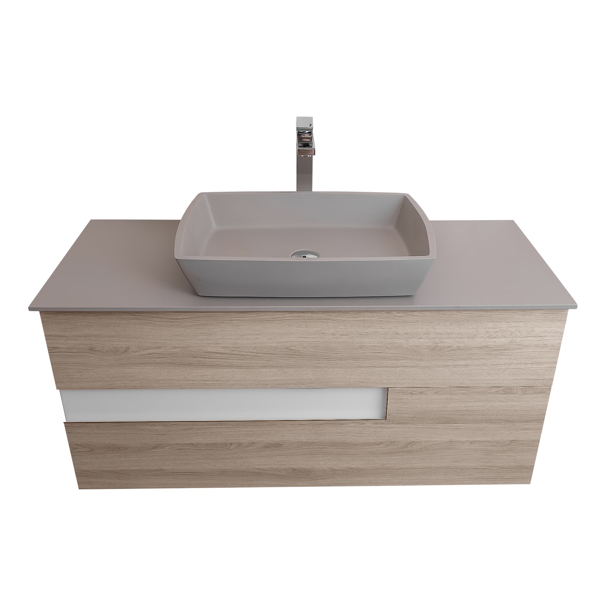 Vision 47.5 Natural Light Wood Cabinet, Solid Surface Flat Grey Counter And Square Solid Surface Grey Basin 1316, Wall Mounted Modern Vanity Set