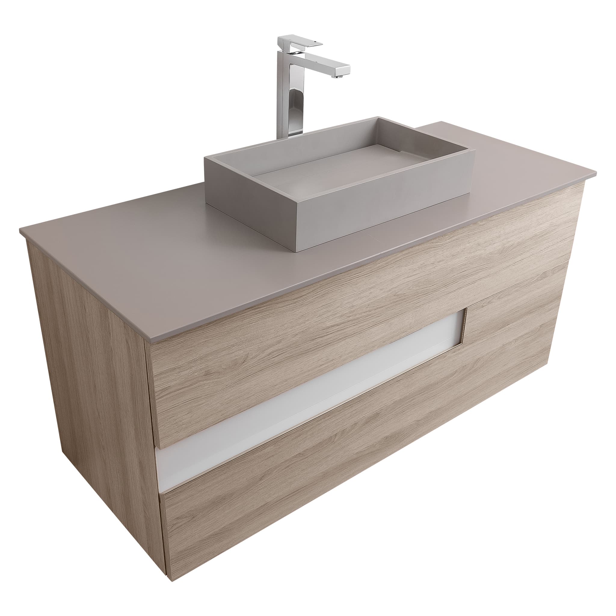 Vision 47.5 Natural Light Wood Cabinet, Solid Surface Flat Grey Counter And Infinity Square Solid Surface Grey Basin 1329, Wall Mounted Modern Vanity Set