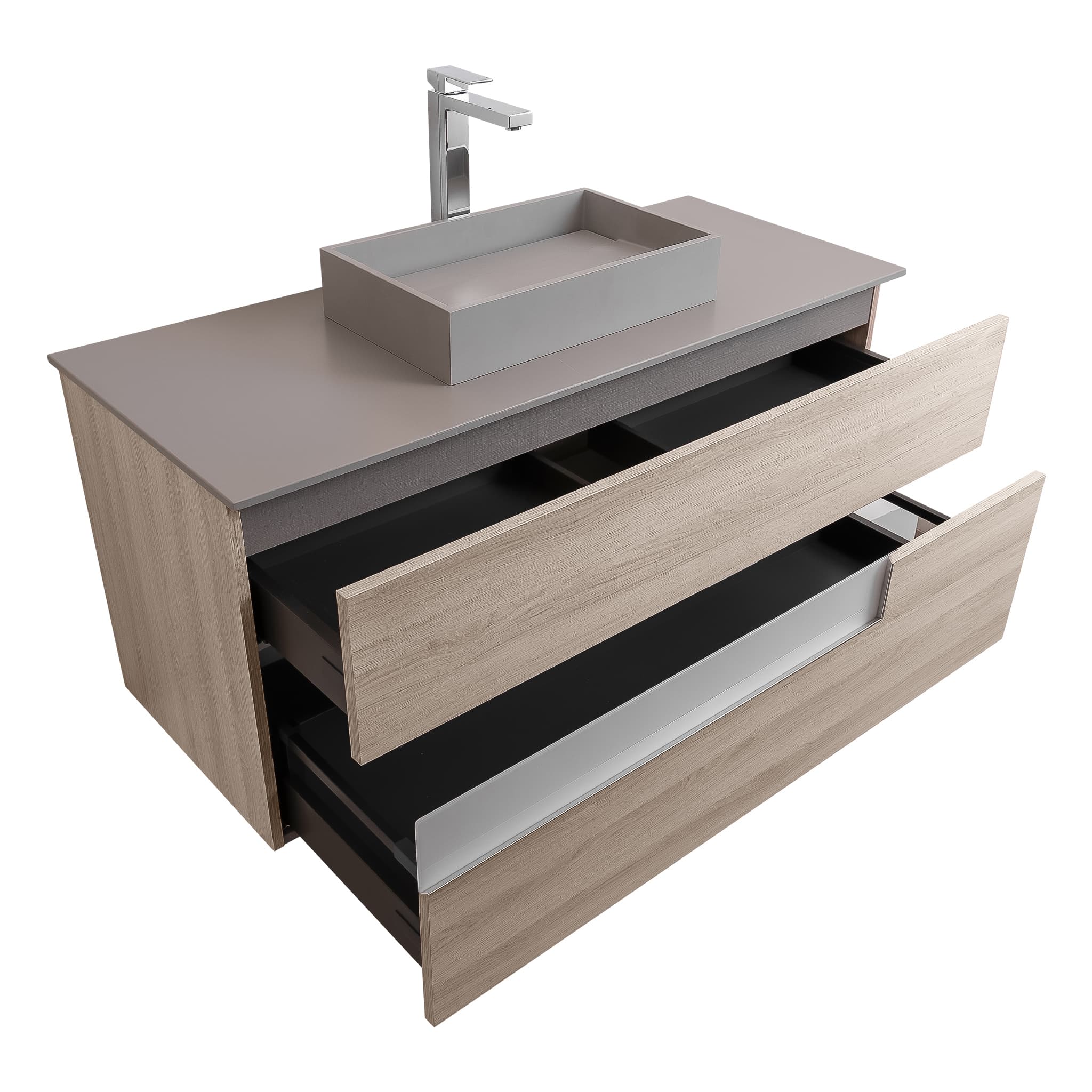 Vision 47.5 Natural Light Wood Cabinet, Solid Surface Flat Grey Counter And Infinity Square Solid Surface Grey Basin 1329, Wall Mounted Modern Vanity Set