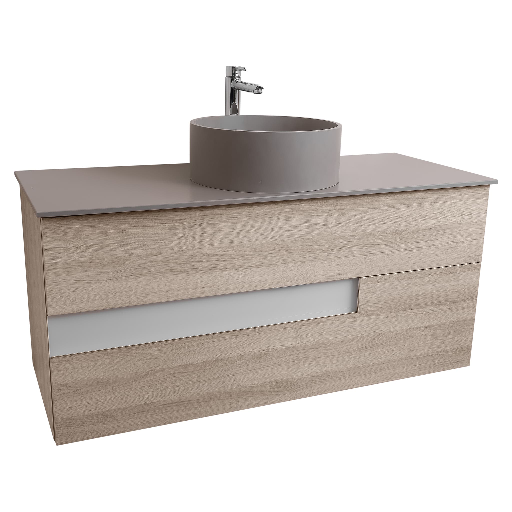 Vision 47.5 Natural Light Wood Cabinet, Solid Surface Flat Grey Counter And Round Solid Surface Grey Basin 1386, Wall Mounted Modern Vanity Set