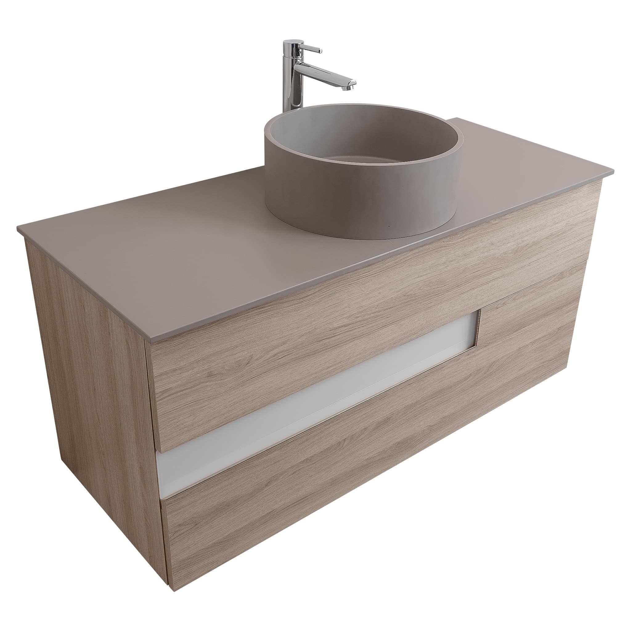 Vision 47.5 Natural Light Wood Cabinet, Solid Surface Flat Grey Counter And Round Solid Surface Grey Basin 1386, Wall Mounted Modern Vanity Set Bath Trends USA