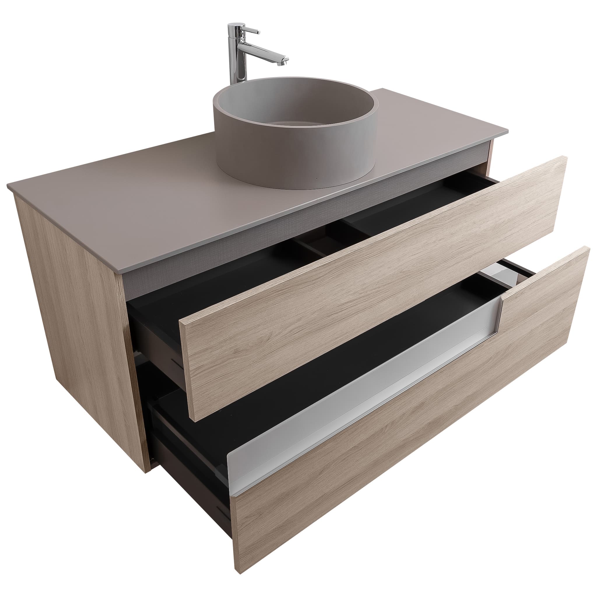 Vision 47.5 Natural Light Wood Cabinet, Solid Surface Flat Grey Counter And Round Solid Surface Grey Basin 1386, Wall Mounted Modern Vanity Set Bath Trends USA