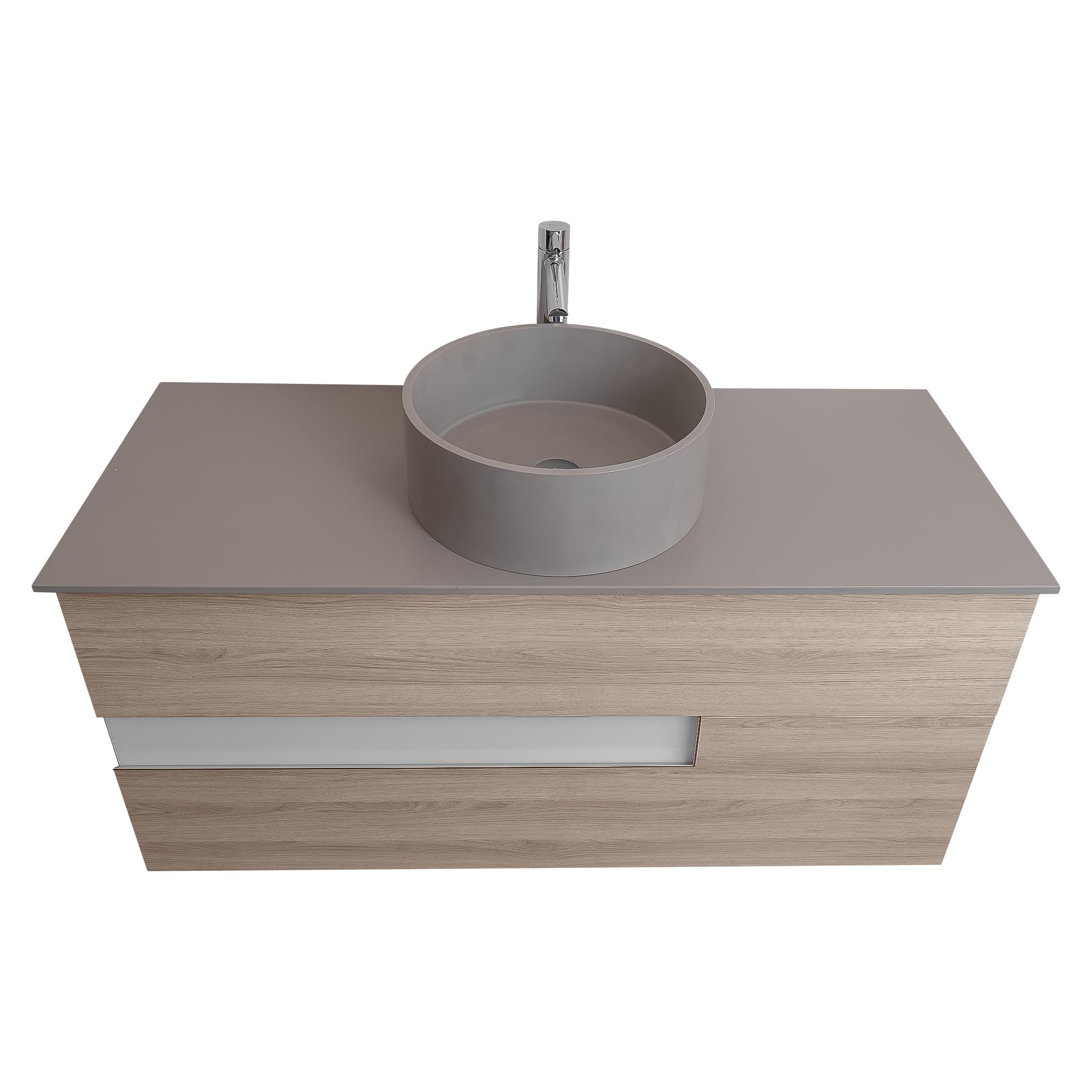 Vision 47.5 Natural Light Wood Cabinet, Solid Surface Flat Grey Counter And Round Solid Surface Grey Basin 1386, Wall Mounted Modern Vanity Set