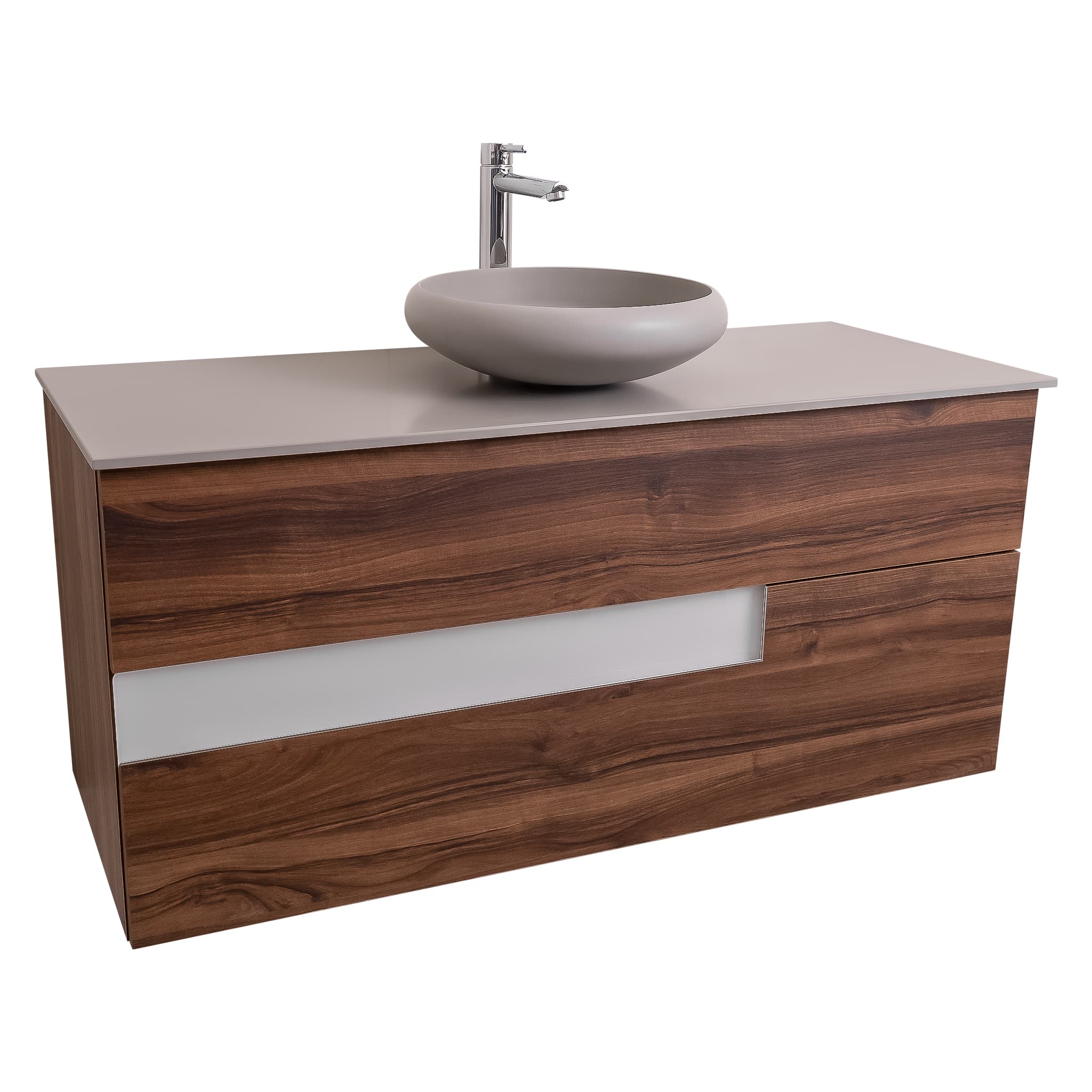 Vision 47.5 Valenti Medium Brown Wood Cabinet, Solid Surface Flat Grey Counter And Round Solid Surface Grey Basin 1153, Wall Mounted Modern Vanity Set