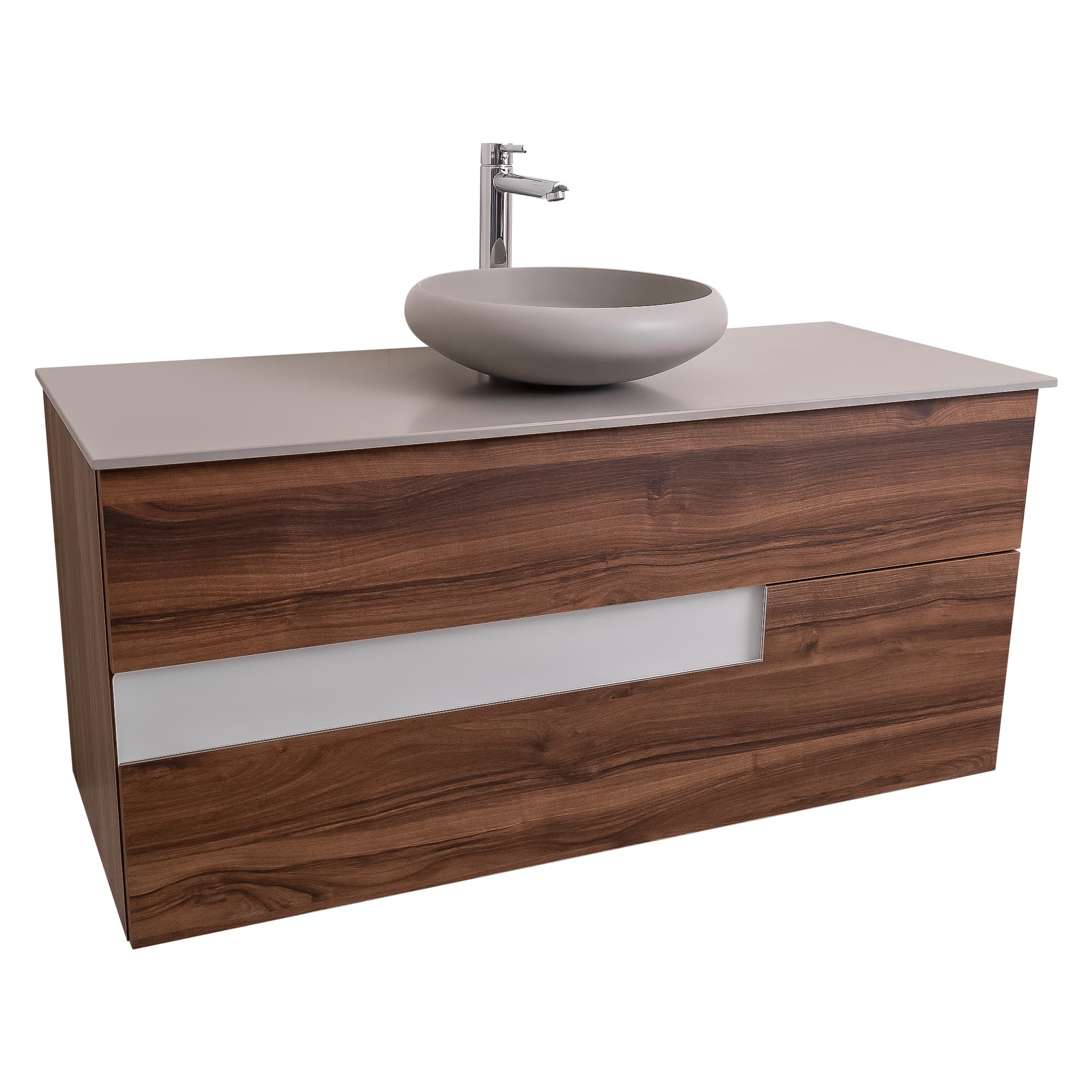 Vision 47.5 Valenti Medium Brown Wood Cabinet, Solid Surface Flat Grey Counter And Round Solid Surface Grey Basin 1153, Wall Mounted Modern Vanity Set Bath Trends USA