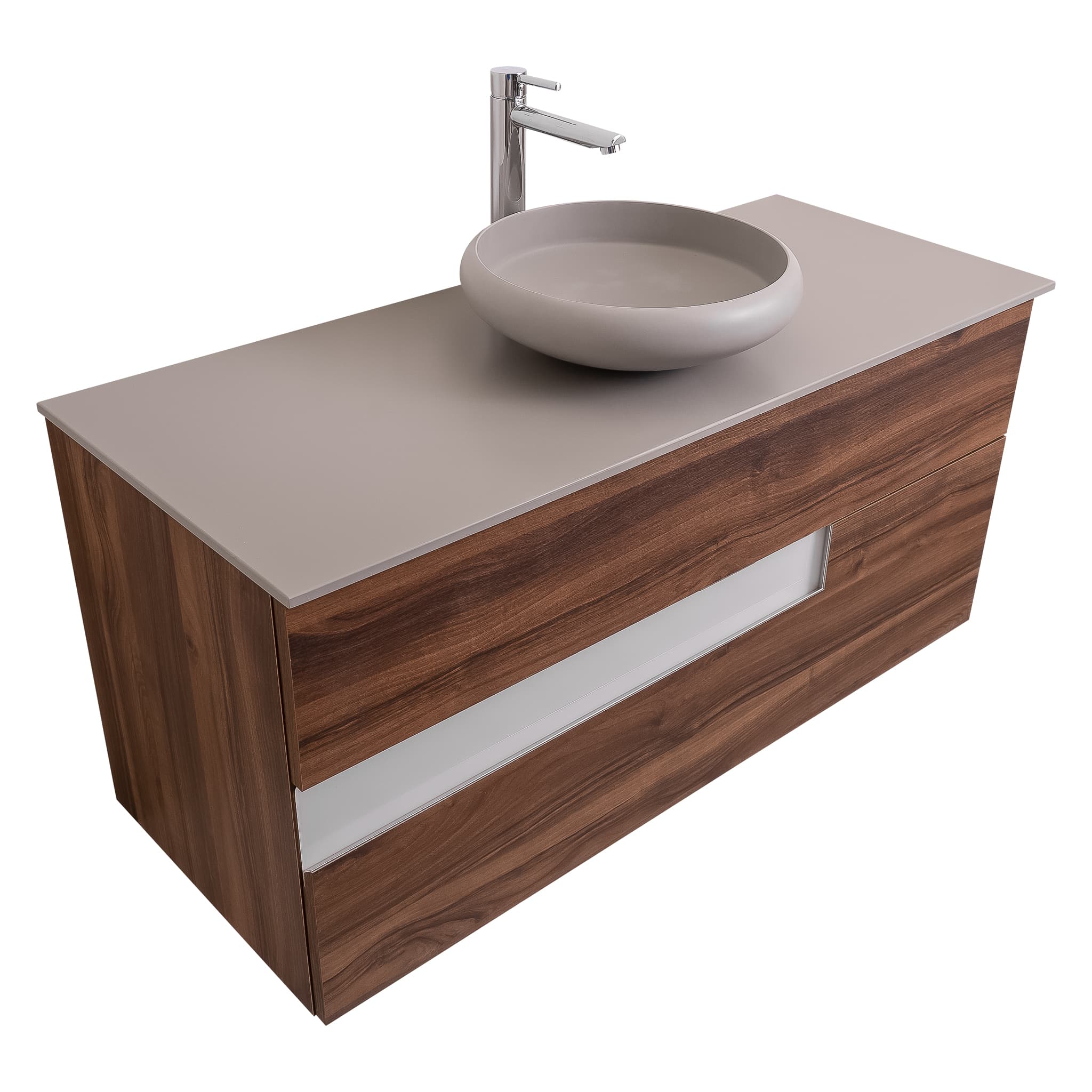Vision 47.5 Valenti Medium Brown Wood Cabinet, Solid Surface Flat Grey Counter And Round Solid Surface Grey Basin 1153, Wall Mounted Modern Vanity Set