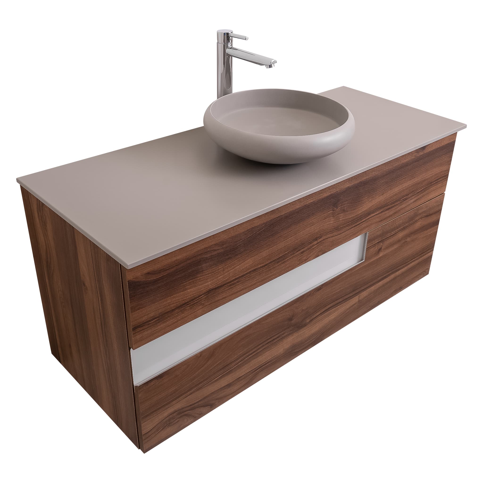 Vision 47.5 Valenti Medium Brown Wood Cabinet, Solid Surface Flat Grey Counter And Round Solid Surface Grey Basin 1153, Wall Mounted Modern Vanity Set Bath Trends USA