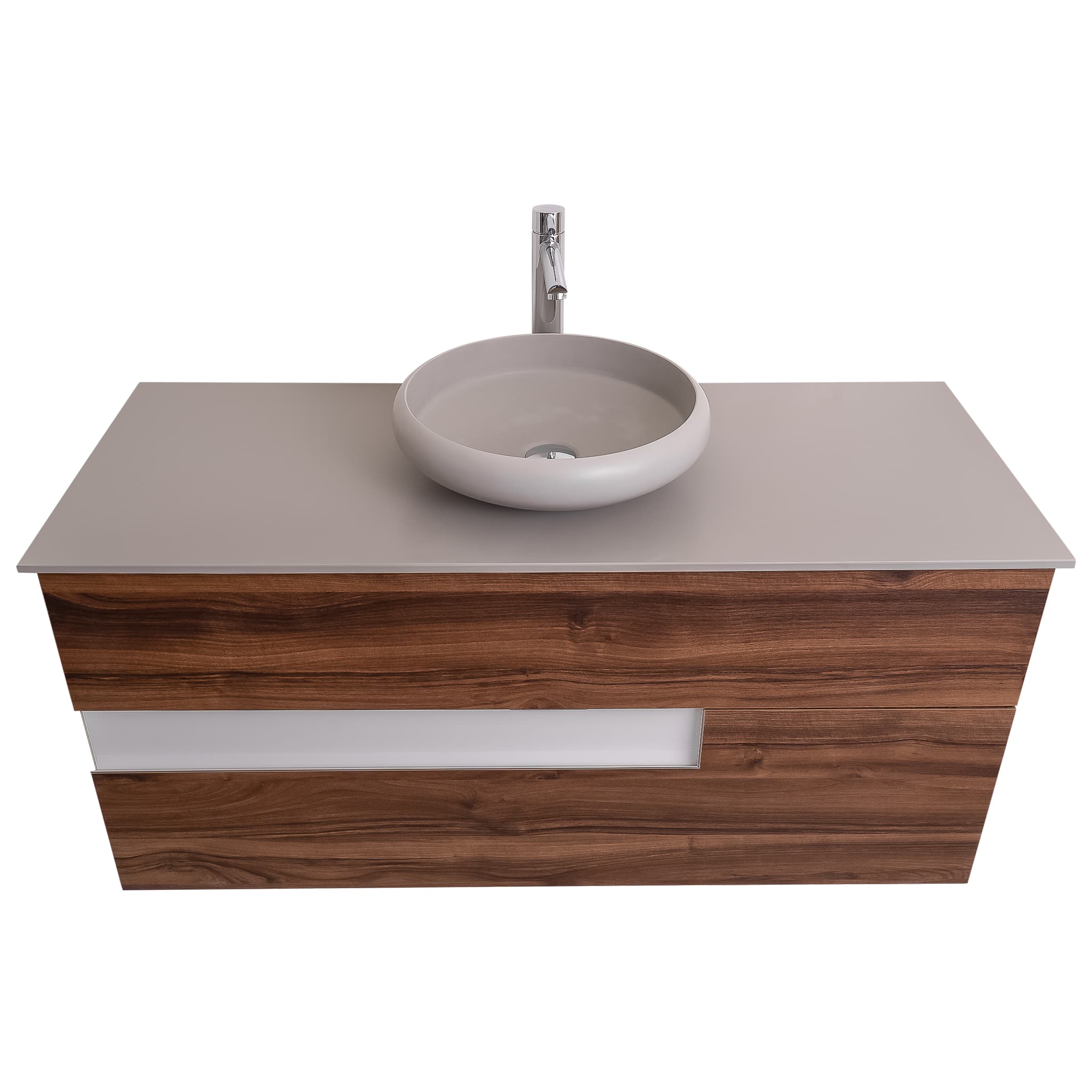 Vision 47.5 Valenti Medium Brown Wood Cabinet, Solid Surface Flat Grey Counter And Round Solid Surface Grey Basin 1153, Wall Mounted Modern Vanity Set