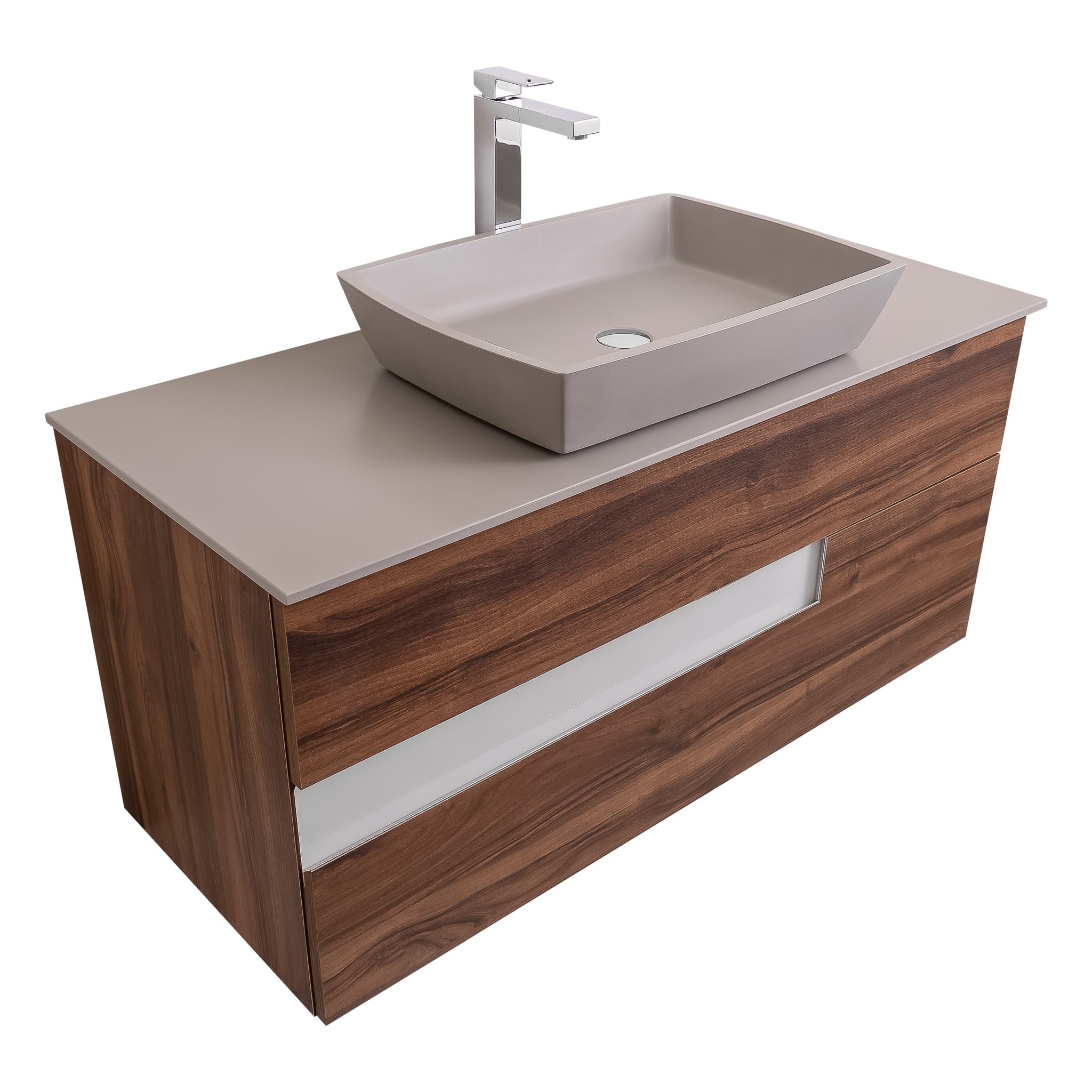 Vision 47.5 Valenti Medium Brown Wood, Solid Surface Flat Grey Counter And Square Solid Surface Grey Basin 1316, Wall Mounted Modern Vanity Set