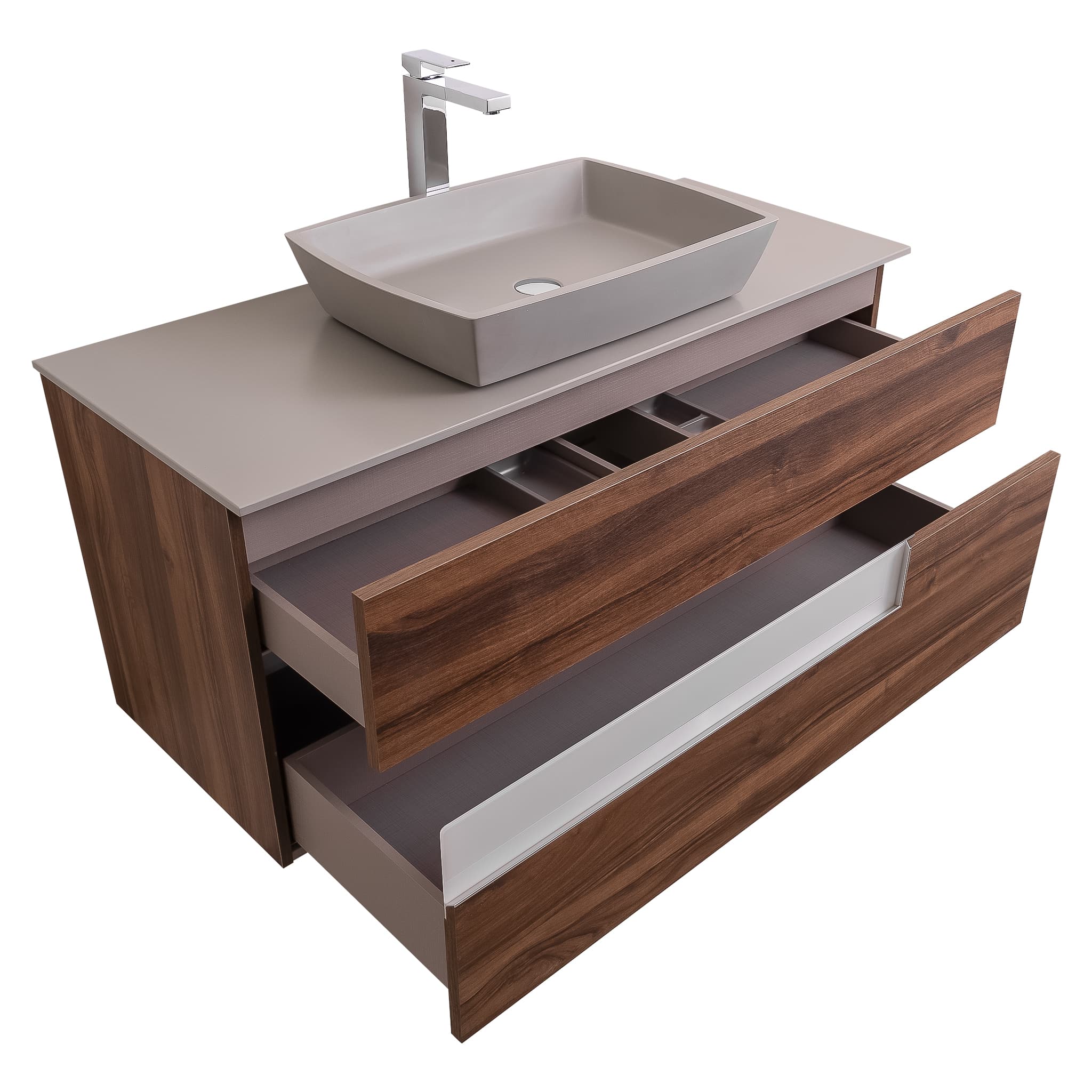 Vision 47.5 Valenti Medium Brown Wood, Solid Surface Flat Grey Counter And Square Solid Surface Grey Basin 1316, Wall Mounted Modern Vanity Set