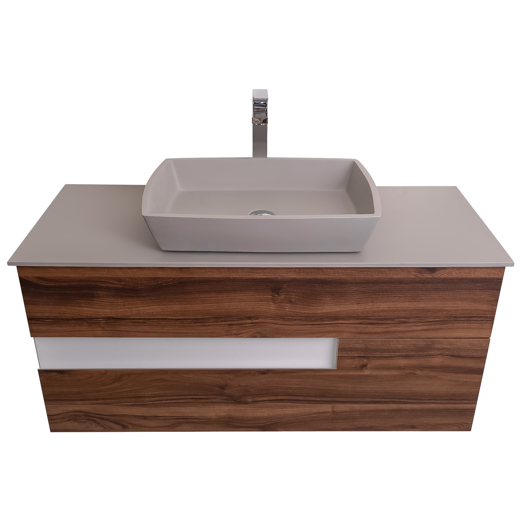 Vision 47.5 Valenti Medium Brown Wood, Solid Surface Flat Grey Counter And Square Solid Surface Grey Basin 1316, Wall Mounted Modern Vanity Set