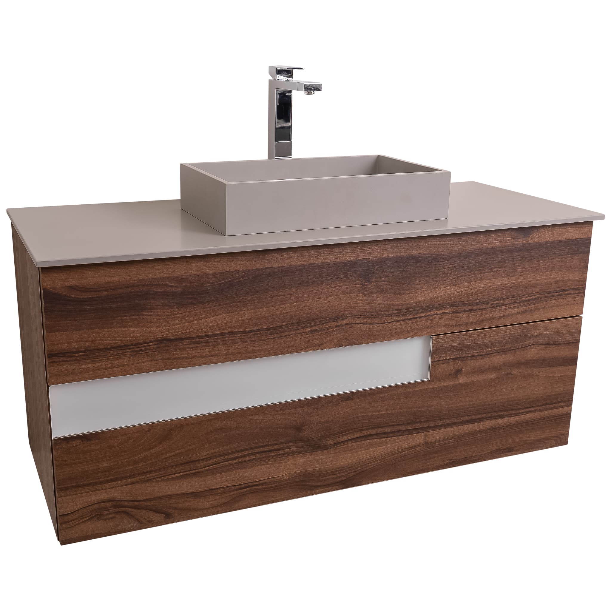 Vision 47.5 Valenti Medium Brown Wood Cabinet, Solid Surface Flat Grey Counter And Infinity Square Solid Surface Grey Basin 1329, Wall Mounted Modern Vanity Set Bath Trends USA