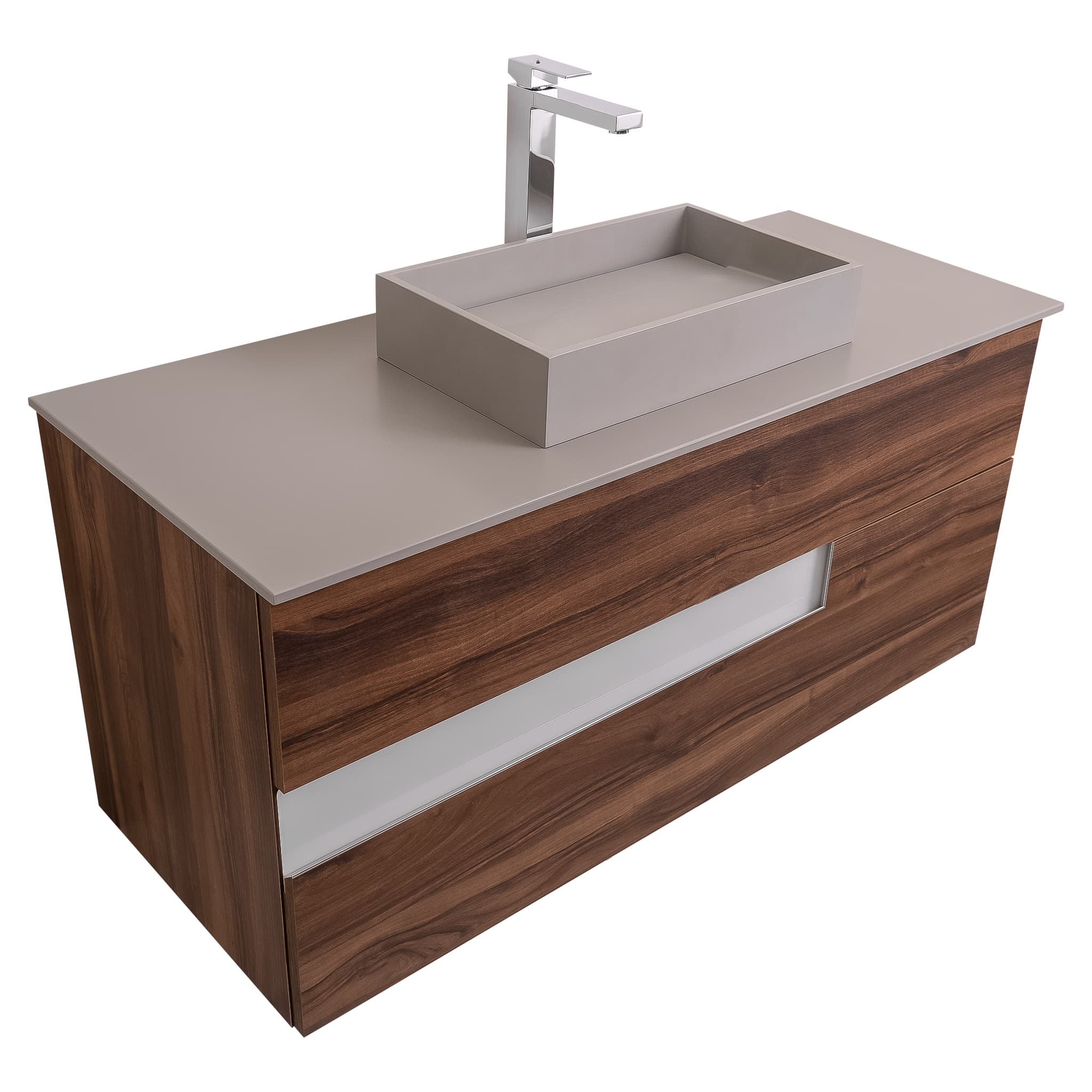 Vision 47.5 Valenti Medium Brown Wood Cabinet, Solid Surface Flat Grey Counter And Infinity Square Solid Surface Grey Basin 1329, Wall Mounted Modern Vanity Set