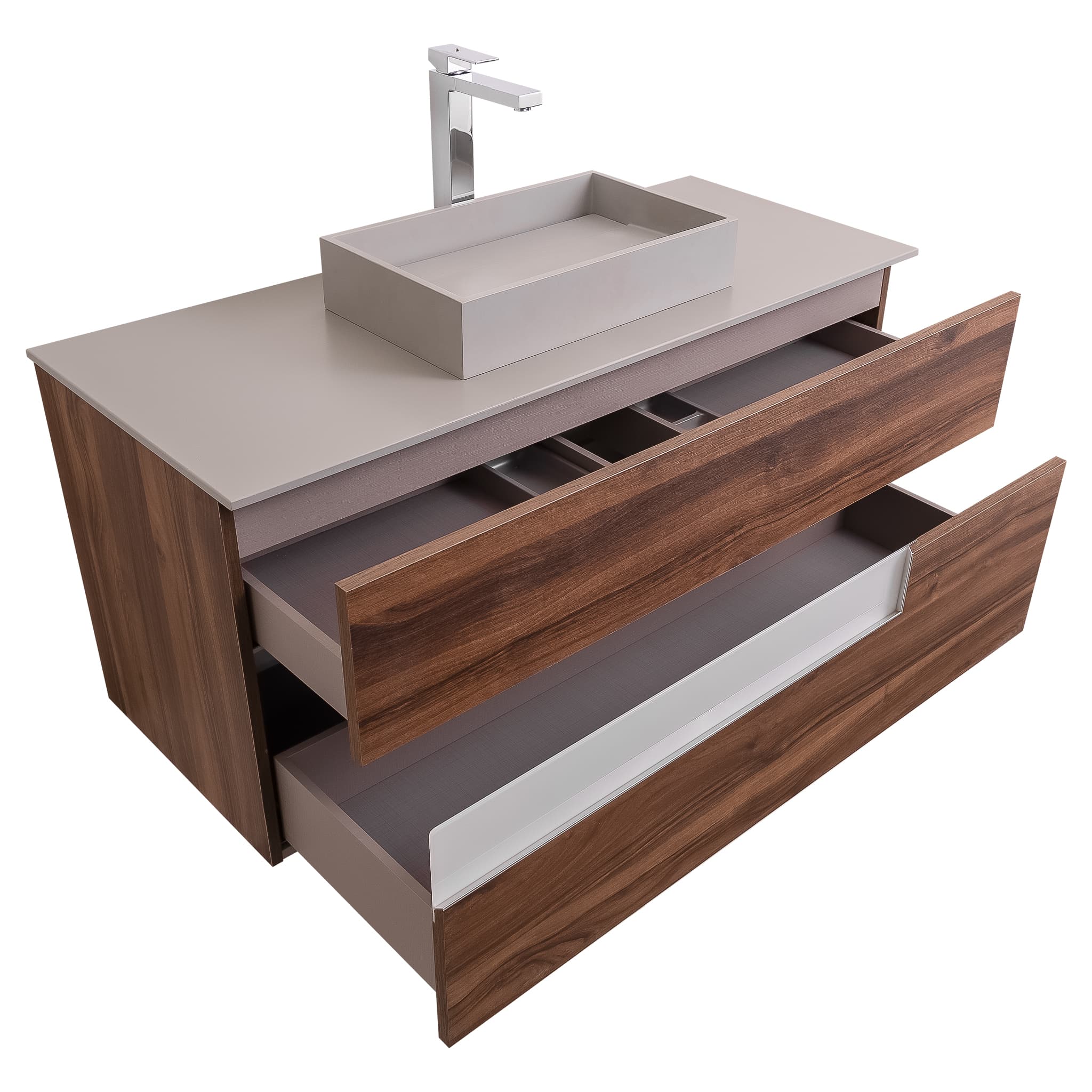 Vision 47.5 Valenti Medium Brown Wood Cabinet, Solid Surface Flat Grey Counter And Infinity Square Solid Surface Grey Basin 1329, Wall Mounted Modern Vanity Set