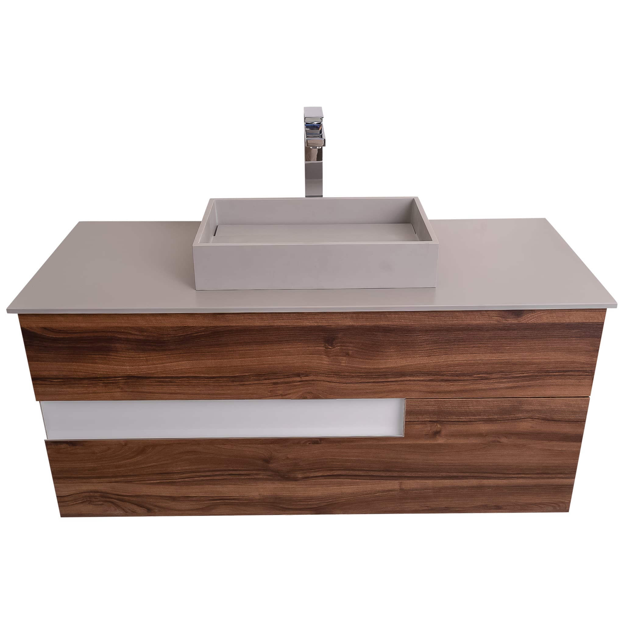 Vision 47.5 Valenti Medium Brown Wood Cabinet, Solid Surface Flat Grey Counter And Infinity Square Solid Surface Grey Basin 1329, Wall Mounted Modern Vanity Set Bath Trends USA