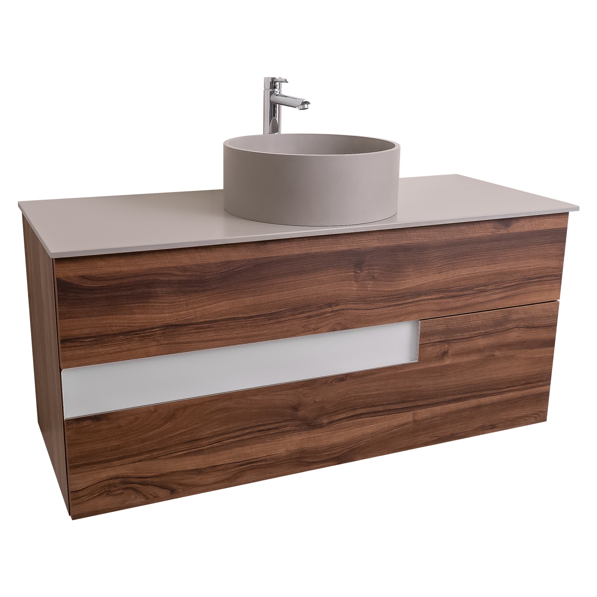 Vision 47.5 Valenti Medium Brown Wood Cabinet, Solid Surface Flat Grey Counter And Round Solid Surface Grey Basin 1386, Wall Mounted Modern Vanity Set Bath Trends USA