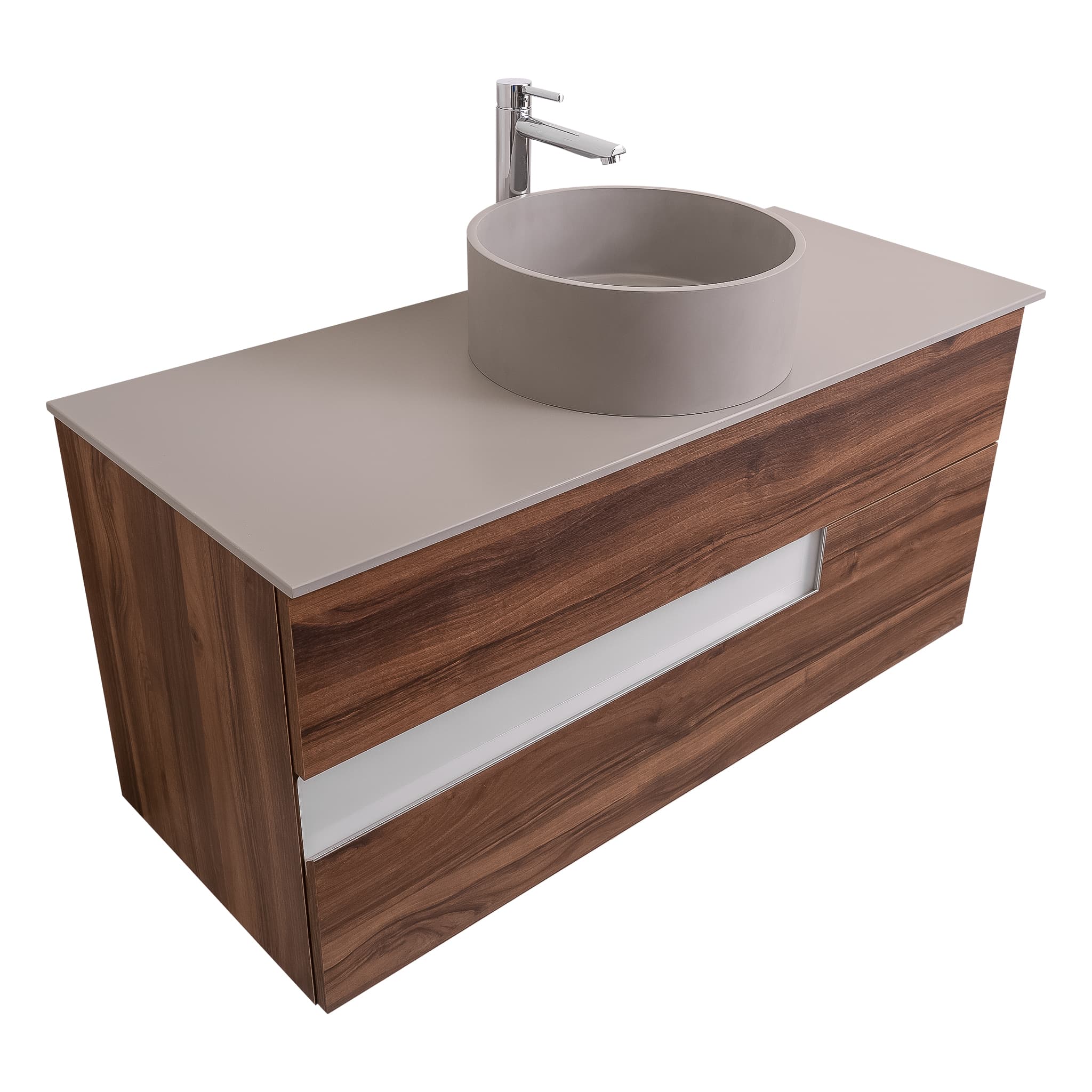 Vision 47.5 Valenti Medium Brown Wood Cabinet, Solid Surface Flat Grey Counter And Round Solid Surface Grey Basin 1386, Wall Mounted Modern Vanity Set