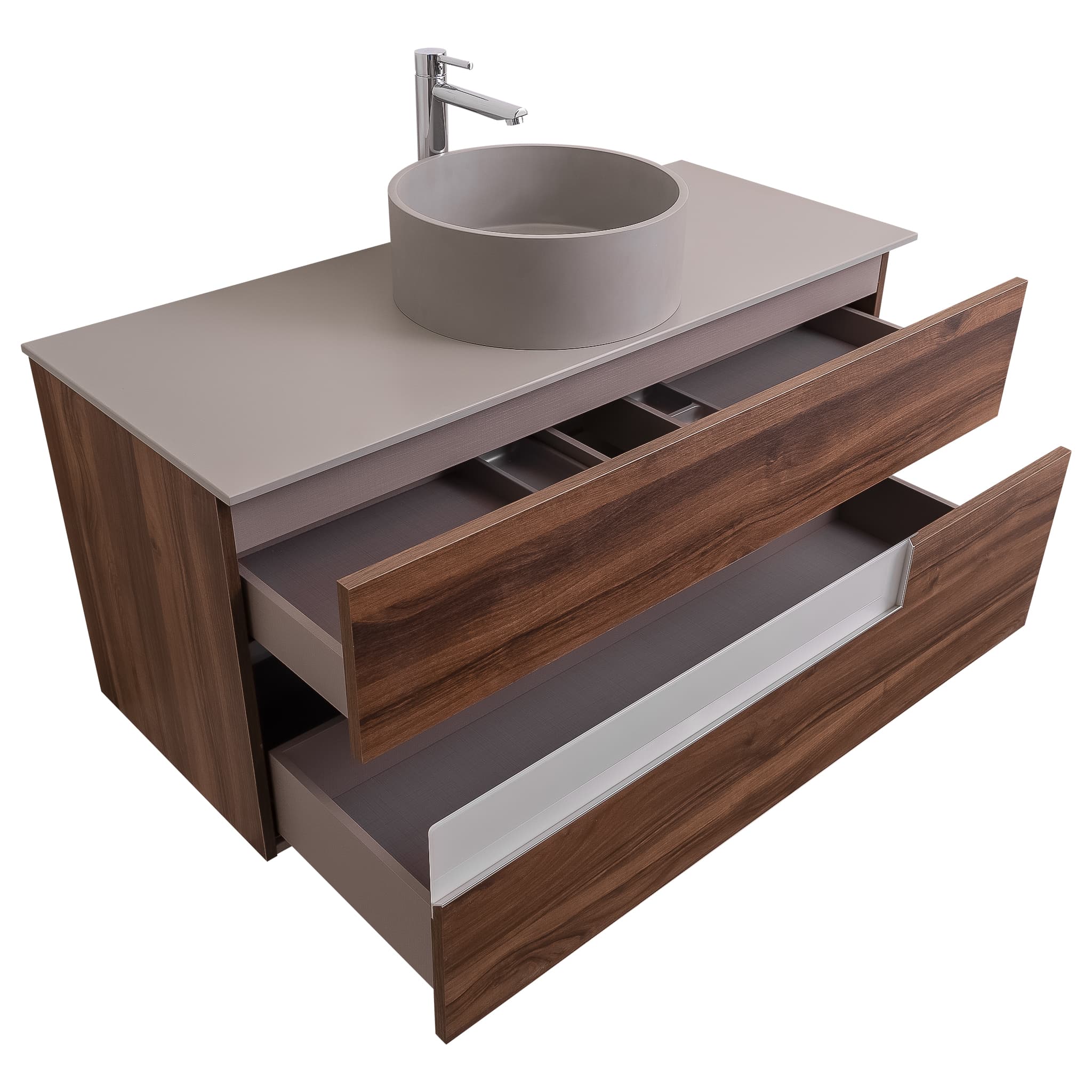Vision 47.5 Valenti Medium Brown Wood Cabinet, Solid Surface Flat Grey Counter And Round Solid Surface Grey Basin 1386, Wall Mounted Modern Vanity Set