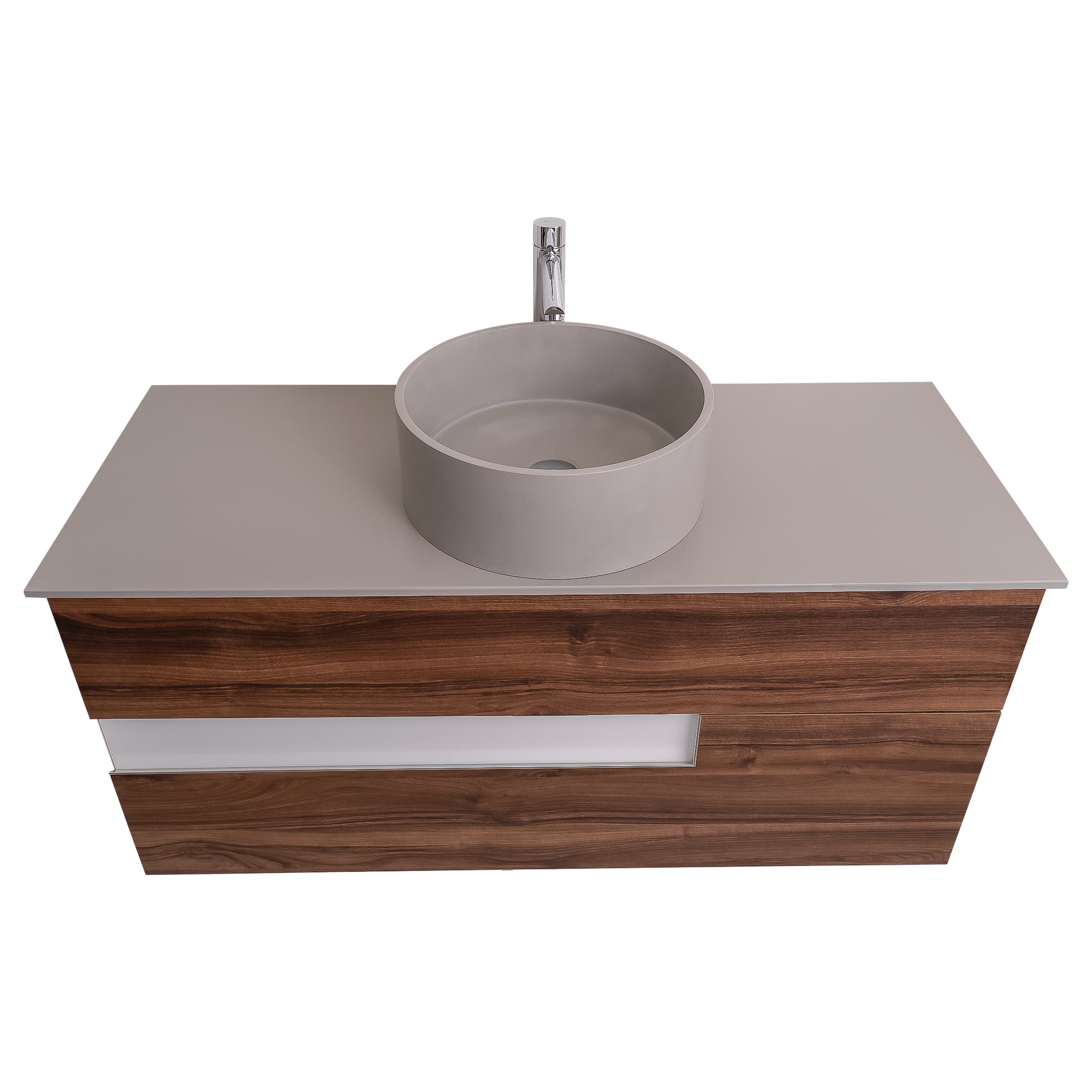 Vision 47.5 Valenti Medium Brown Wood Cabinet, Solid Surface Flat Grey Counter And Round Solid Surface Grey Basin 1386, Wall Mounted Modern Vanity Set Bath Trends USA