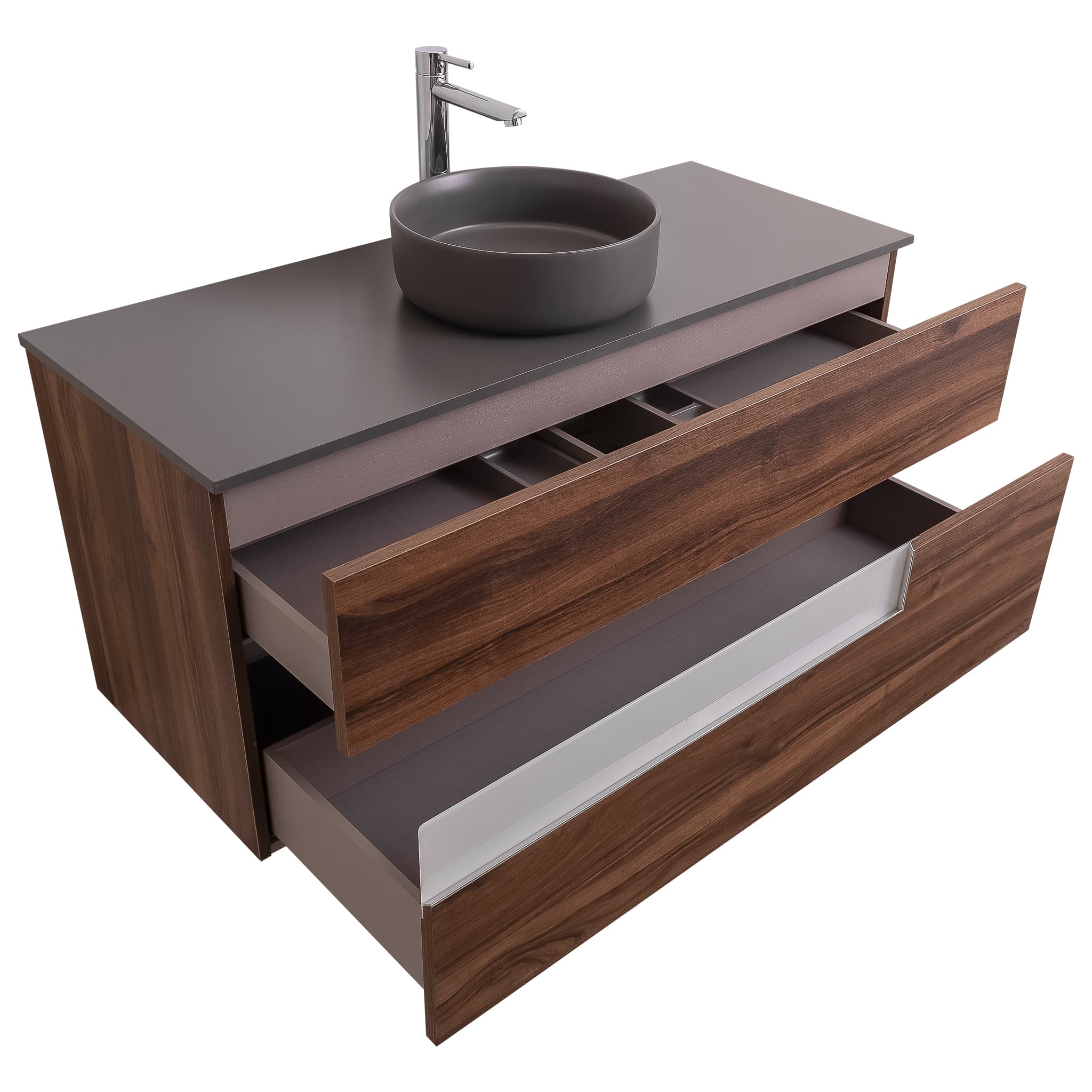 Vision 47.5 Valenti Medium Brown Wood Cabinet, Ares Grey Ceniza Top And Ares Grey Ceniza Ceramic Basin, Wall Mounted Modern Vanity Set