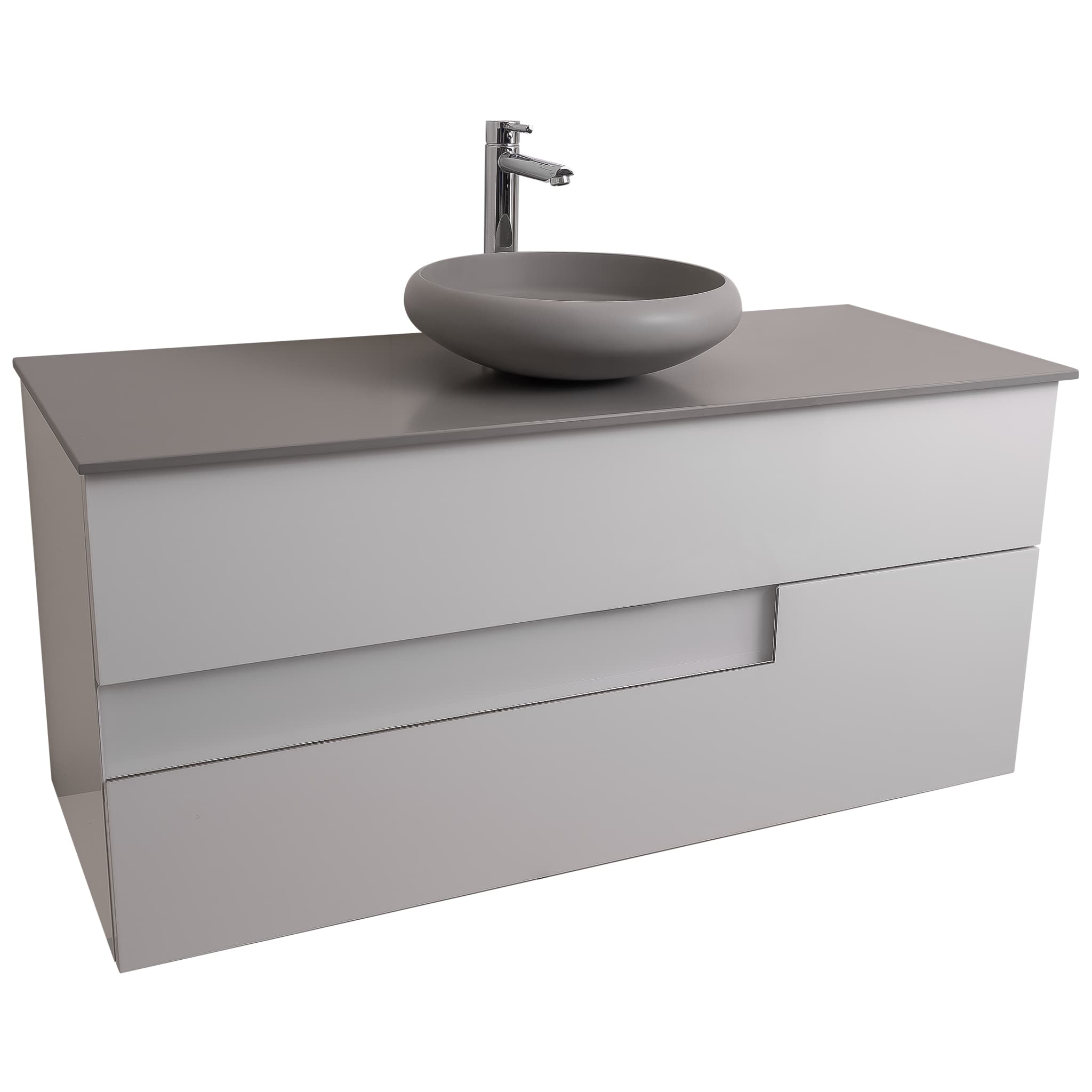 Vision 47.5 White High Gloss Cabinet, Solid Surface Flat Grey Counter And Round Solid Surface Grey Basin 1153, Wall Mounted Modern Vanity Set Bath Trends USA