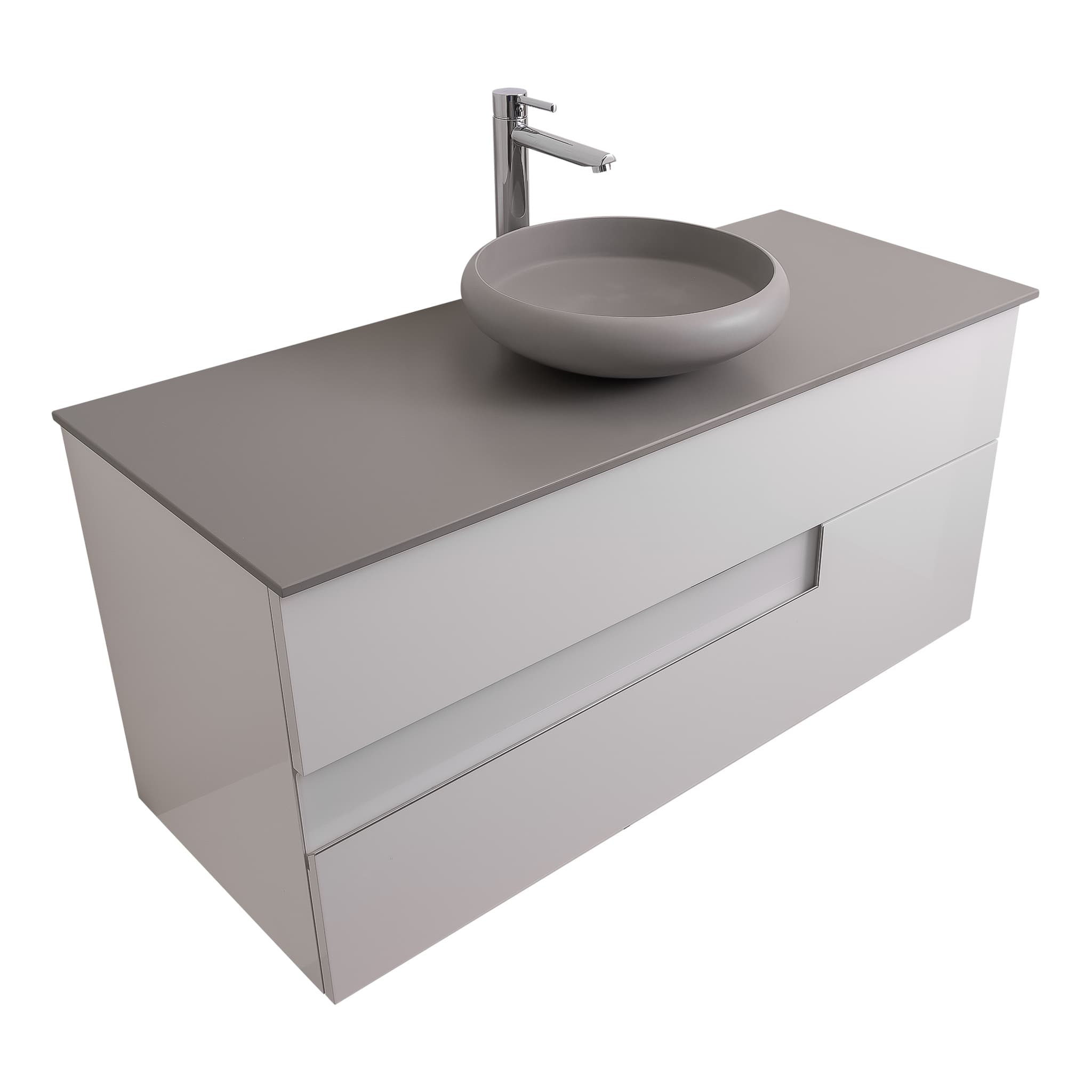 Vision 47.5 White High Gloss Cabinet, Solid Surface Flat Grey Counter And Round Solid Surface Grey Basin 1153, Wall Mounted Modern Vanity Set Bath Trends USA