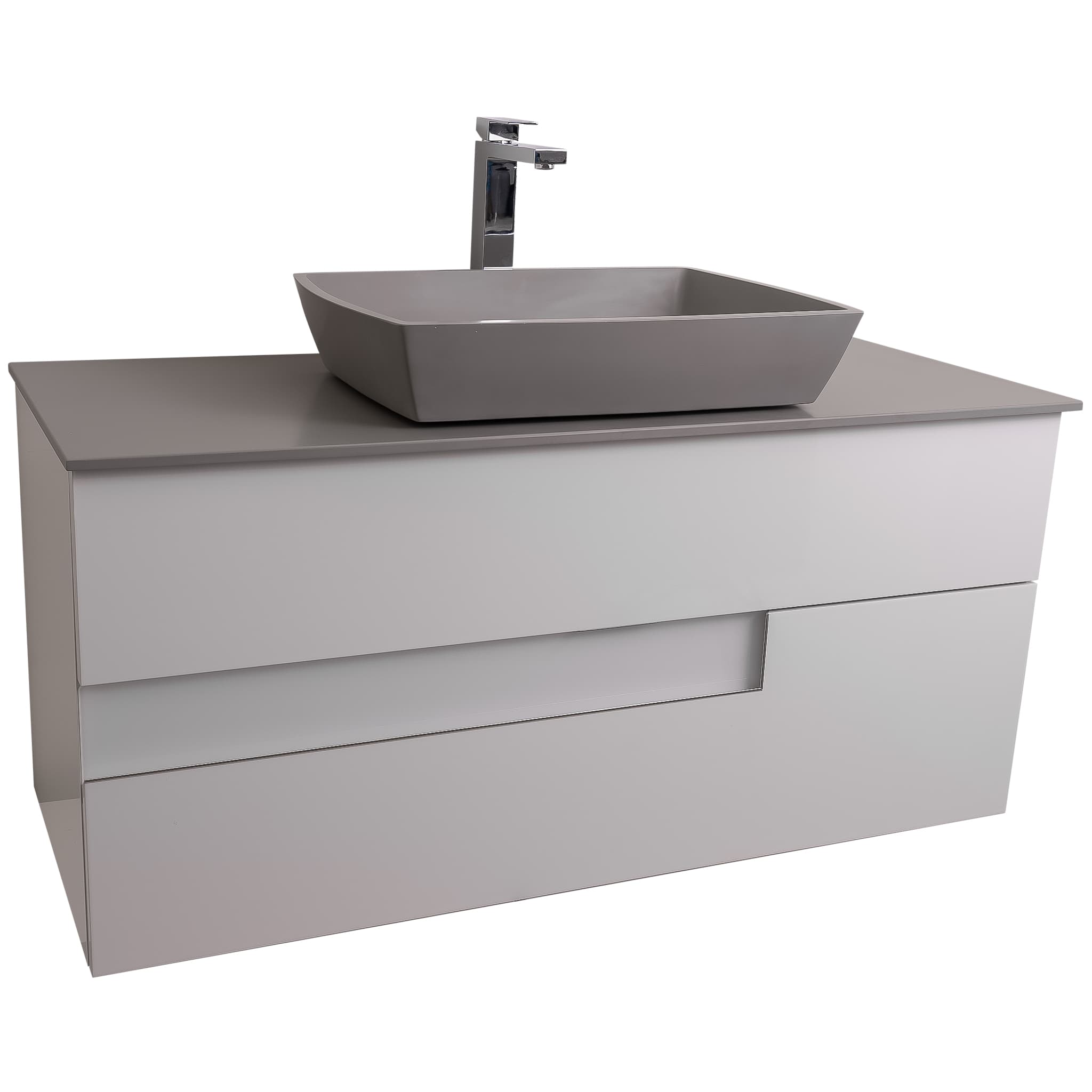 Vision 47.5 White High Gloss Cabinet, Solid Surface Flat Grey Counter And Square Solid Surface Grey Basin 1316, Wall Mounted Modern Vanity Set Bath Trends USA