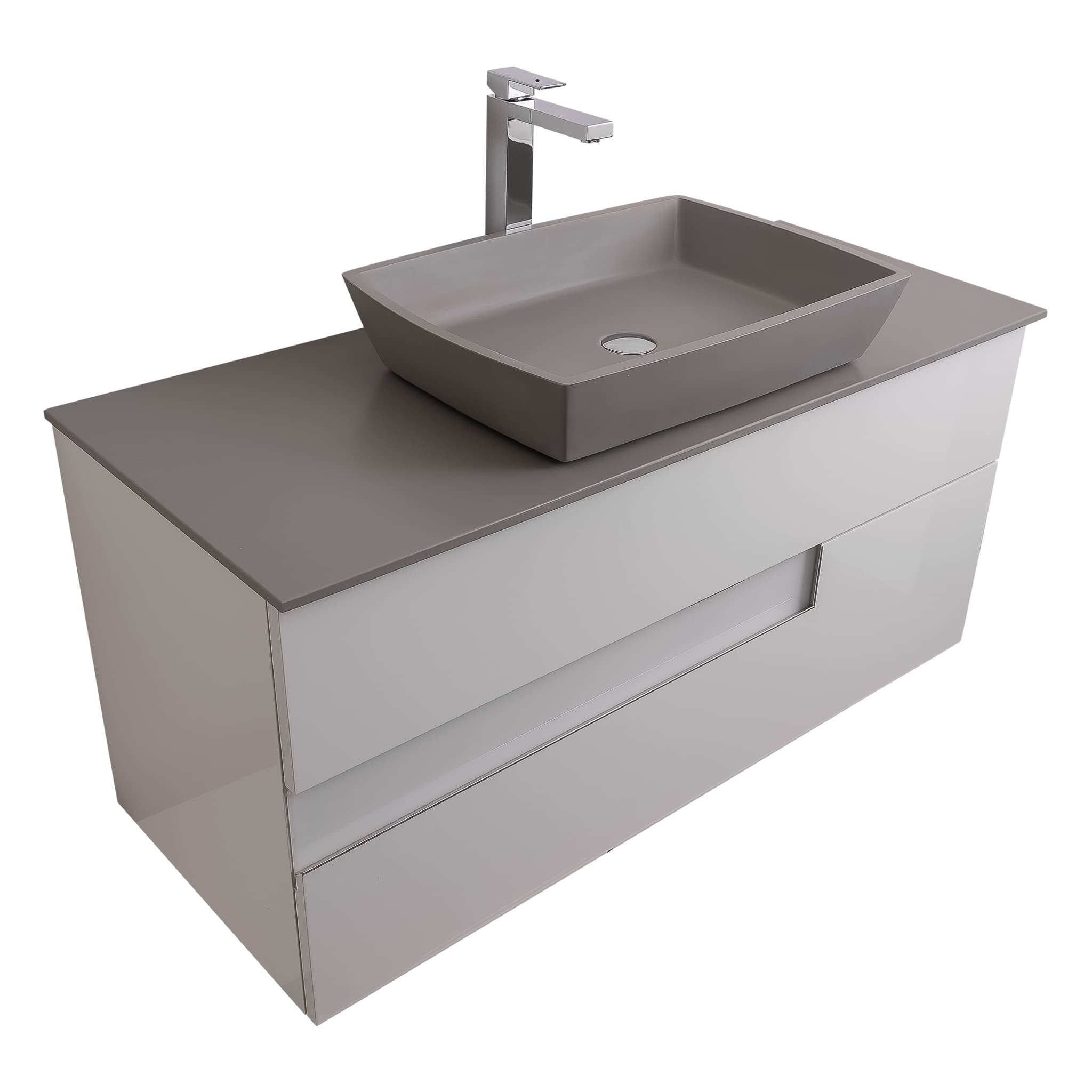 Vision 47.5 White High Gloss Cabinet, Solid Surface Flat Grey Counter And Square Solid Surface Grey Basin 1316, Wall Mounted Modern Vanity Set Bath Trends USA