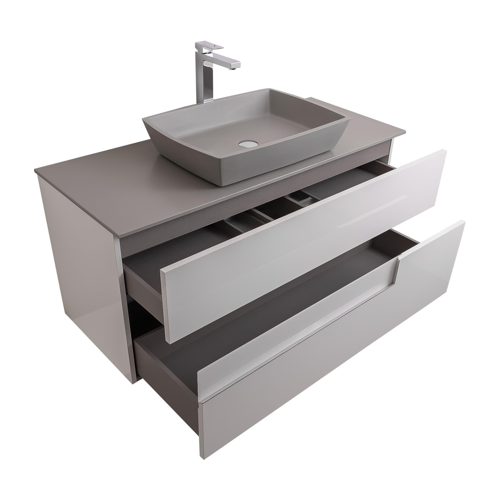 Vision 47.5 White High Gloss Cabinet, Solid Surface Flat Grey Counter And Square Solid Surface Grey Basin 1316, Wall Mounted Modern Vanity Set Bath Trends USA