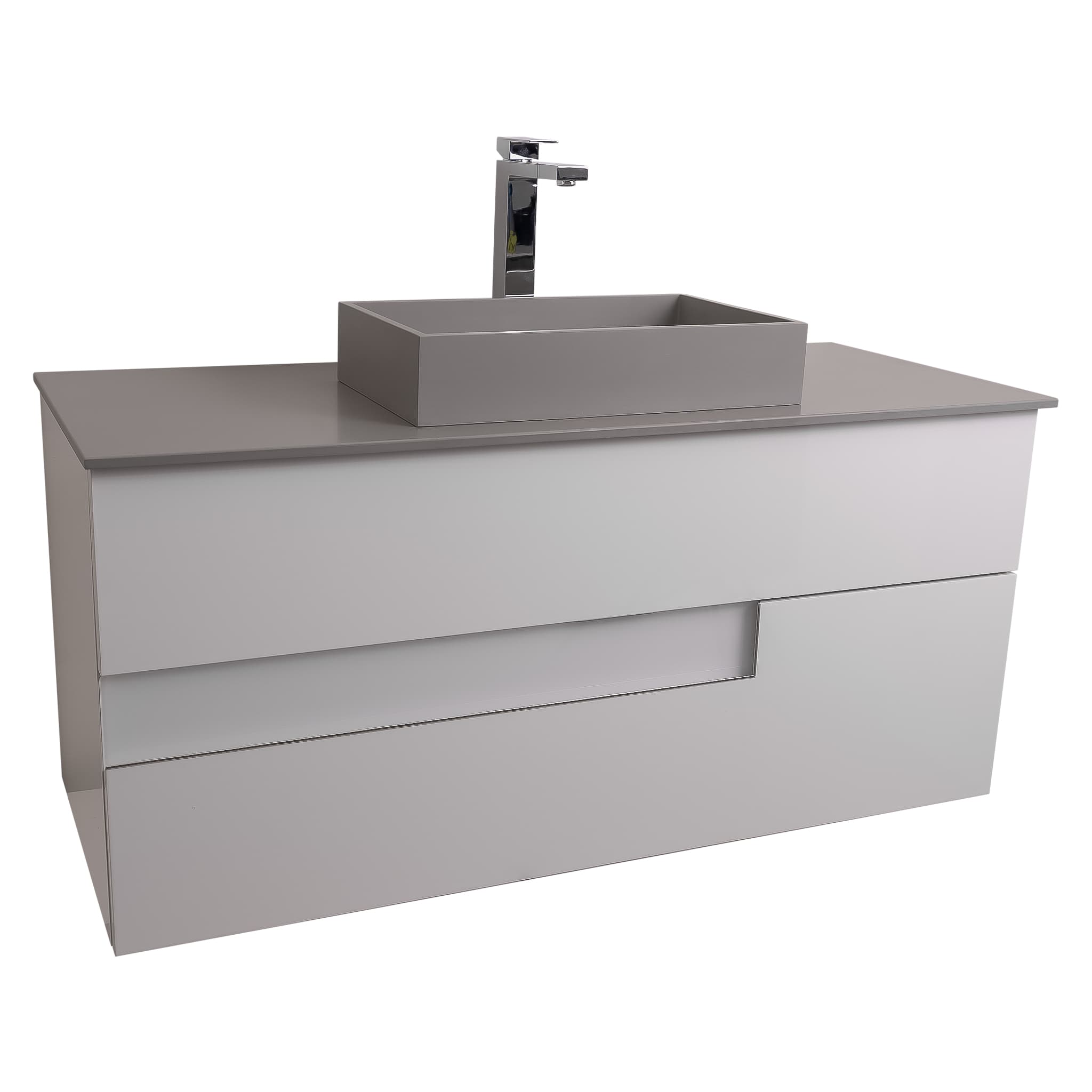 Vision 47.5 White High Gloss Cabinet, Solid Surface Flat Grey Counter And Infinity Square Solid Surface Grey Basin 1329, Wall Mounted Modern Vanity Set