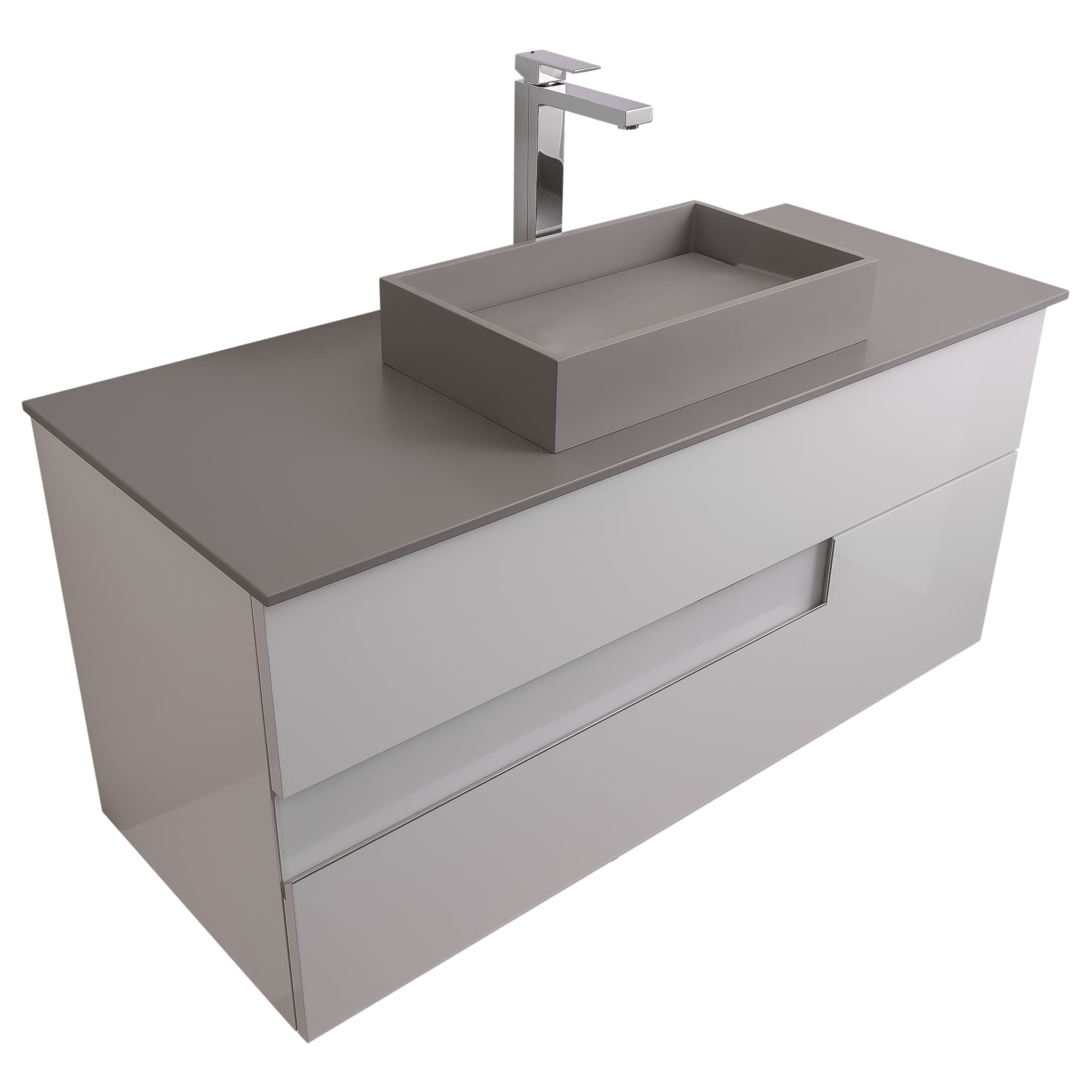 Vision 47.5 White High Gloss Cabinet, Solid Surface Flat Grey Counter And Infinity Square Solid Surface Grey Basin 1329, Wall Mounted Modern Vanity Set Bath Trends USA