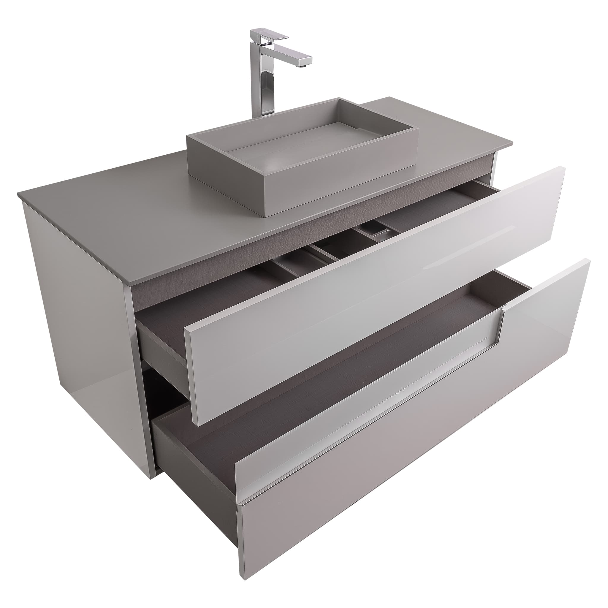 Vision 47.5 White High Gloss Cabinet, Solid Surface Flat Grey Counter And Infinity Square Solid Surface Grey Basin 1329, Wall Mounted Modern Vanity Set Bath Trends USA